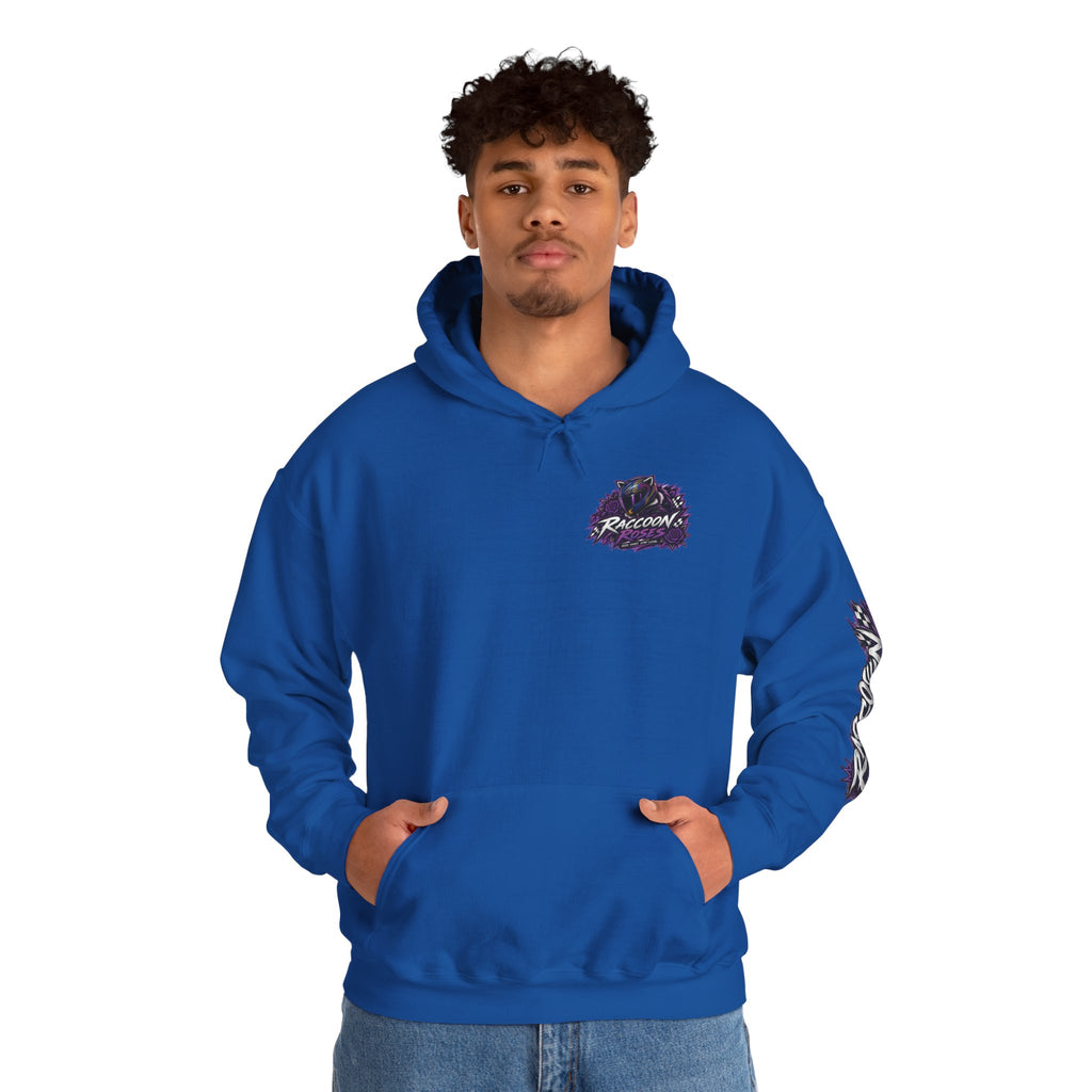 Raccoon Roadsters Motorcycle Graphic Hoodie — Retro Purple Rider Sweatshirt