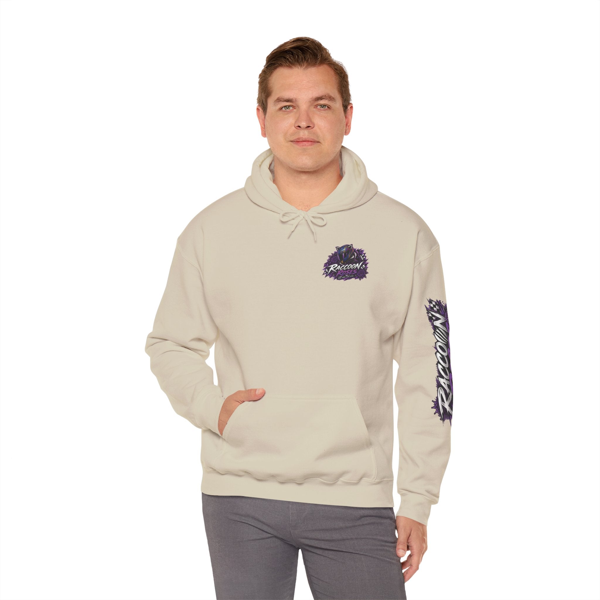 Raccoon Roadsters Motorcycle Graphic Hoodie — Retro Purple Rider Sweatshirt