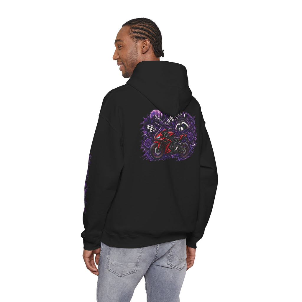 Raccoon Roadsters Motorcycle Graphic Hoodie — Retro Purple Rider Sweatshirt