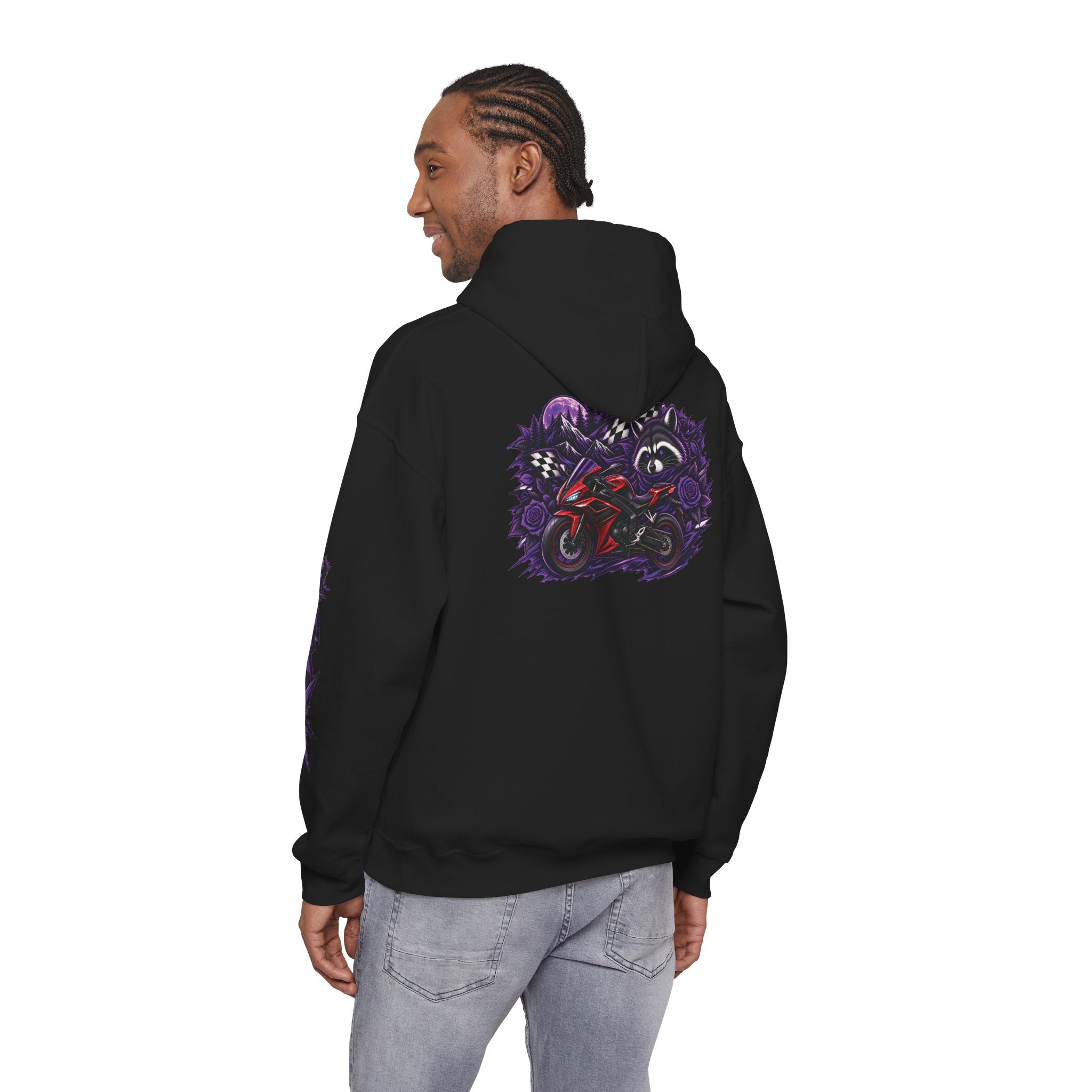 Raccoon Roadsters Motorcycle Graphic Hoodie — Retro Purple Rider Sweatshirt
