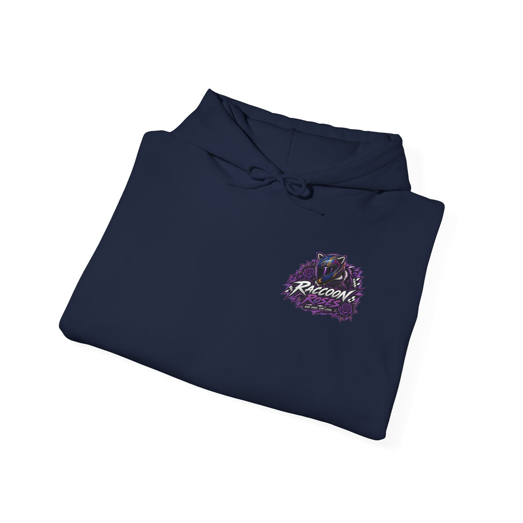 Raccoon Roadsters Motorcycle Graphic Hoodie — Retro Purple Rider Sweatshirt