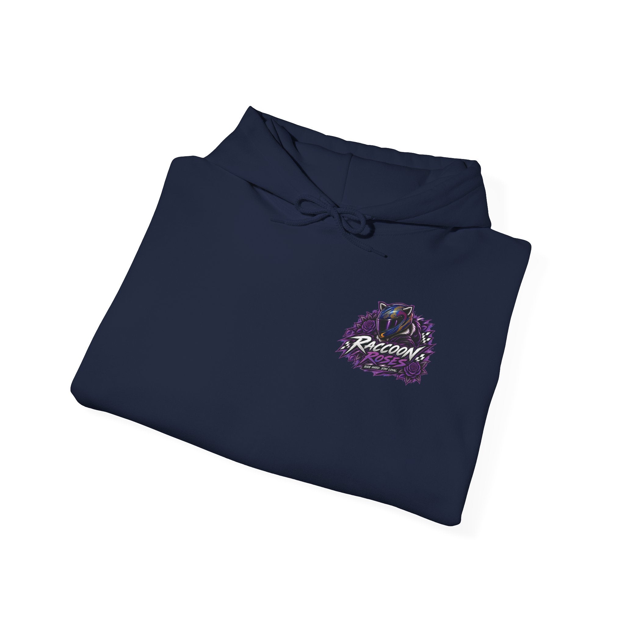 Raccoon Roadsters Motorcycle Graphic Hoodie — Retro Purple Rider Sweatshirt