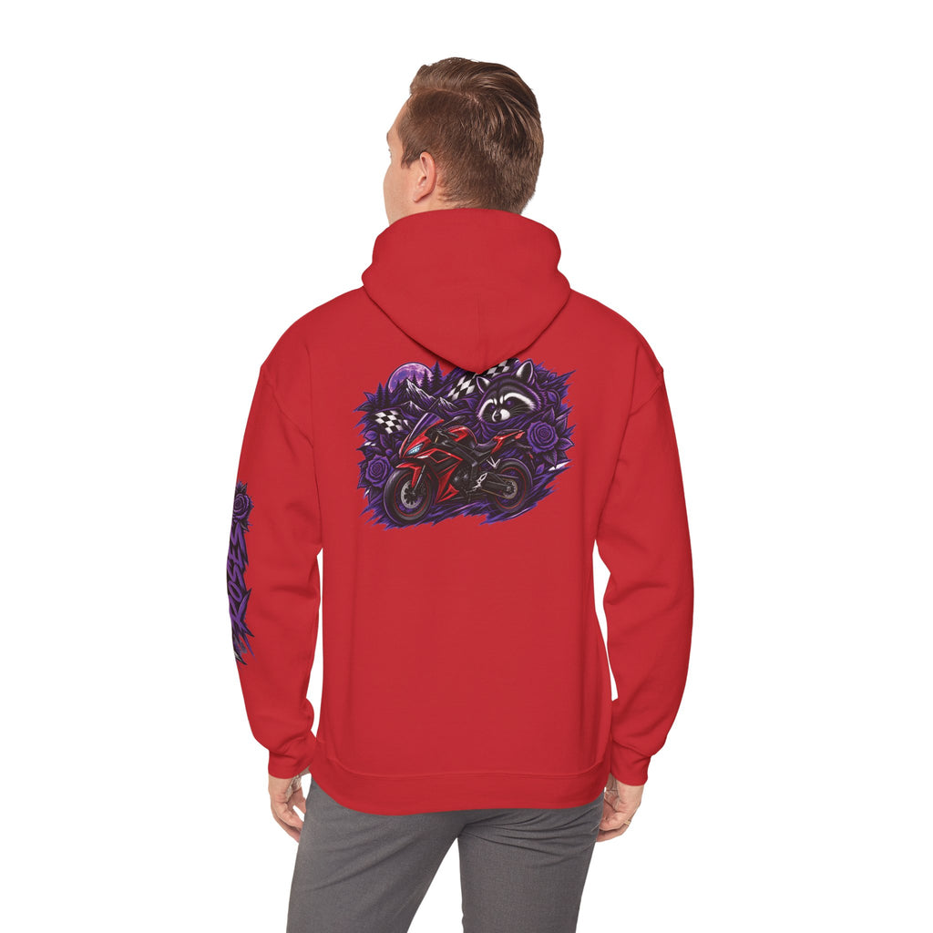 Raccoon Roadsters Motorcycle Graphic Hoodie — Retro Purple Rider Sweatshirt