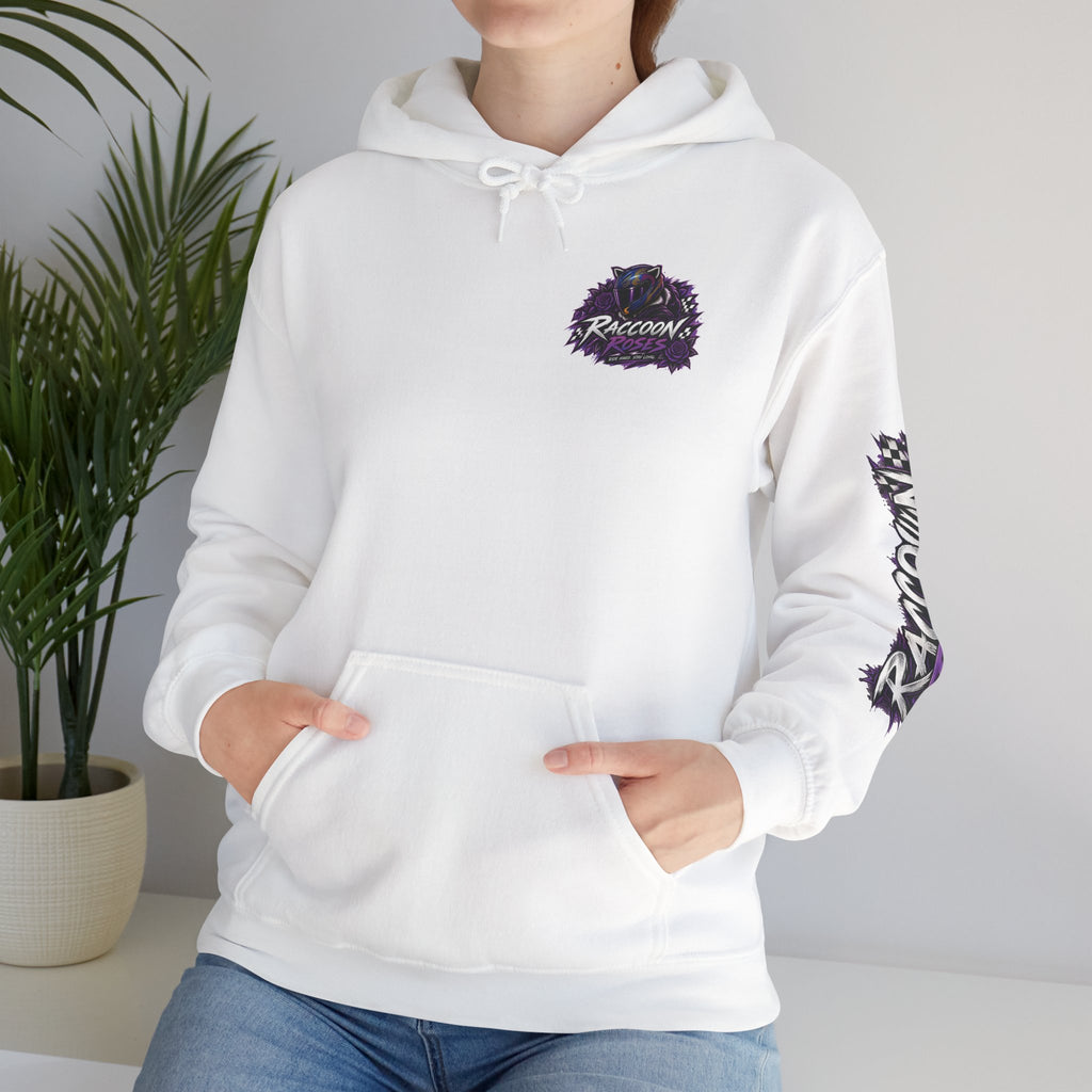Raccoon Roadsters Motorcycle Graphic Hoodie — Retro Purple Rider Sweatshirt