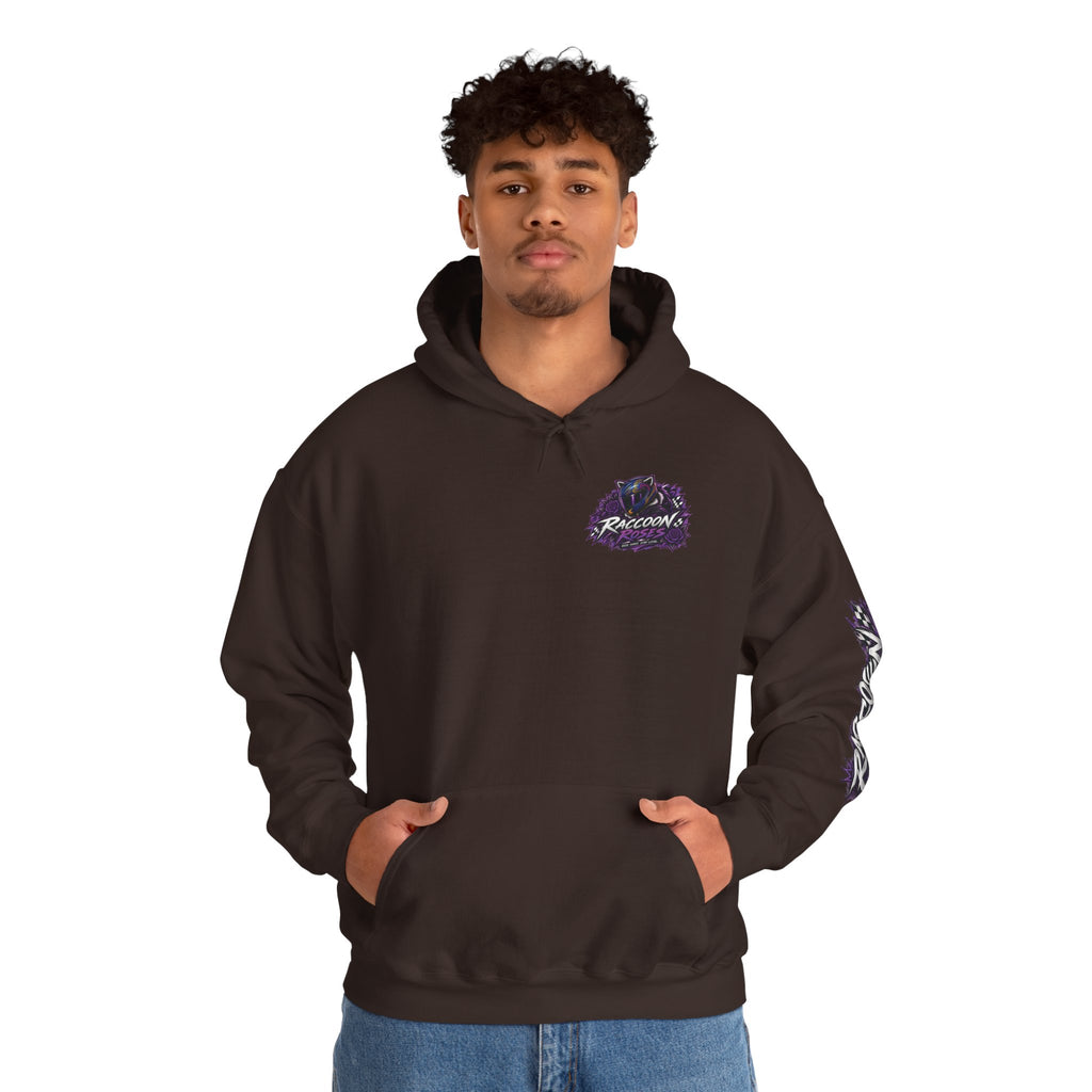 Raccoon Roadsters Motorcycle Graphic Hoodie — Retro Purple Rider Sweatshirt