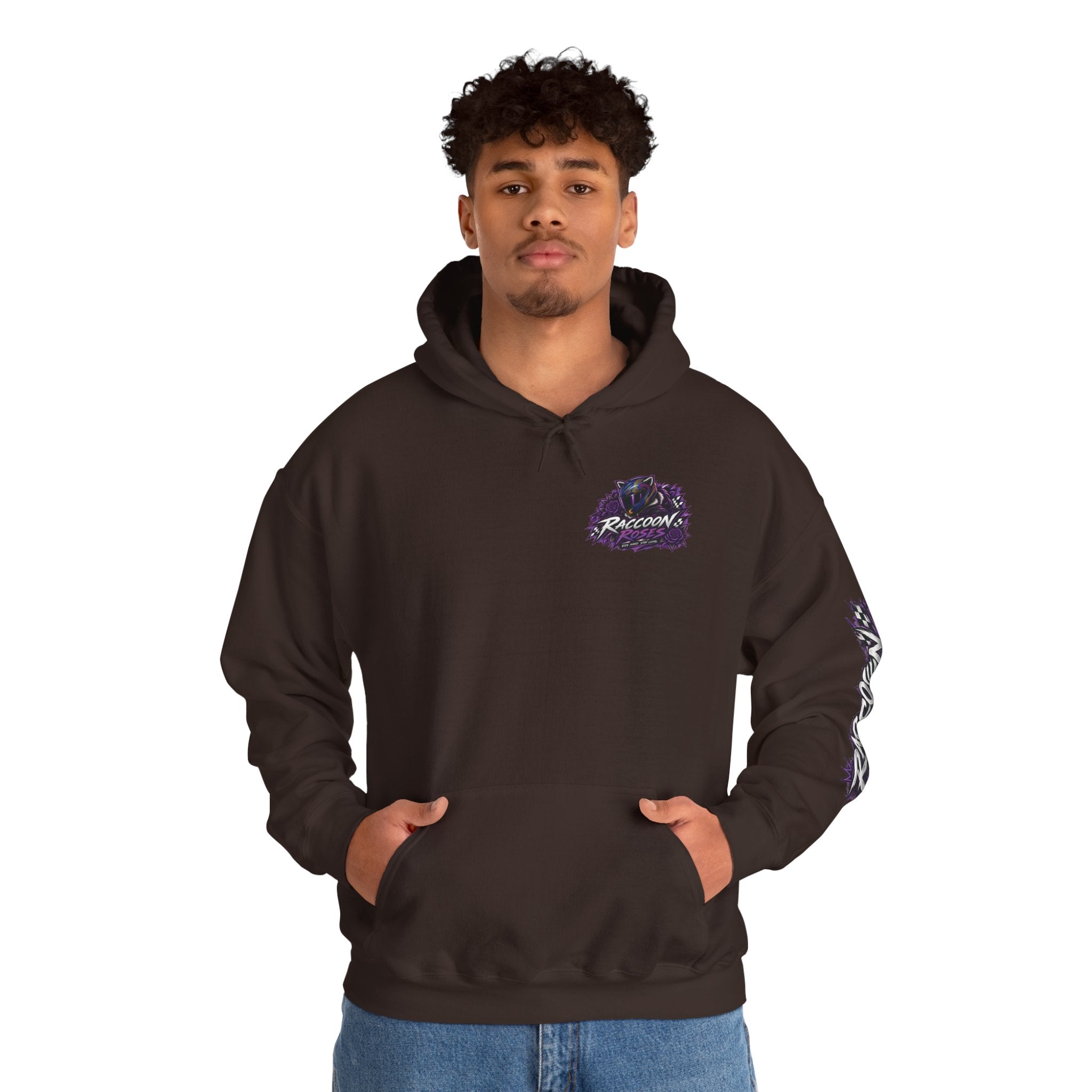 Raccoon Roadsters Motorcycle Graphic Hoodie — Retro Purple Rider Sweatshirt