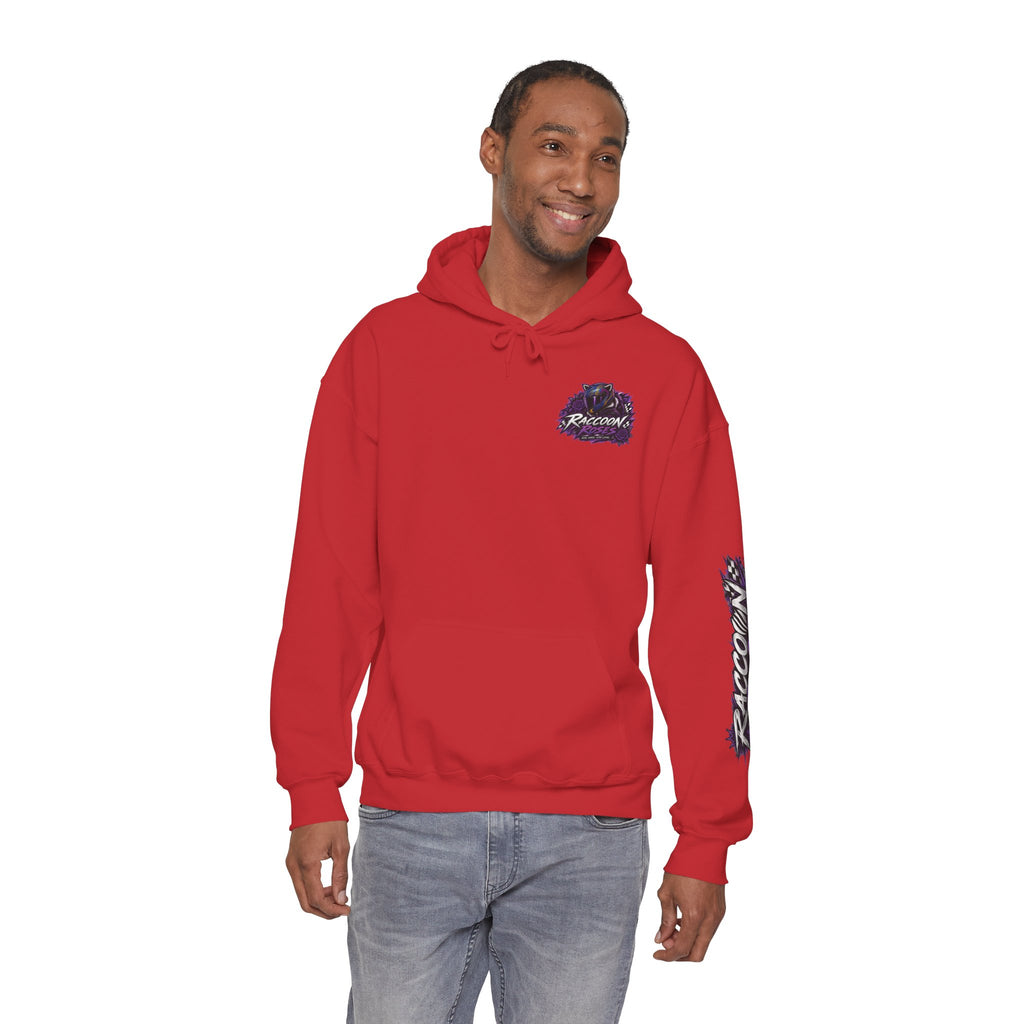 Raccoon Roadsters Motorcycle Graphic Hoodie — Retro Purple Rider Sweatshirt