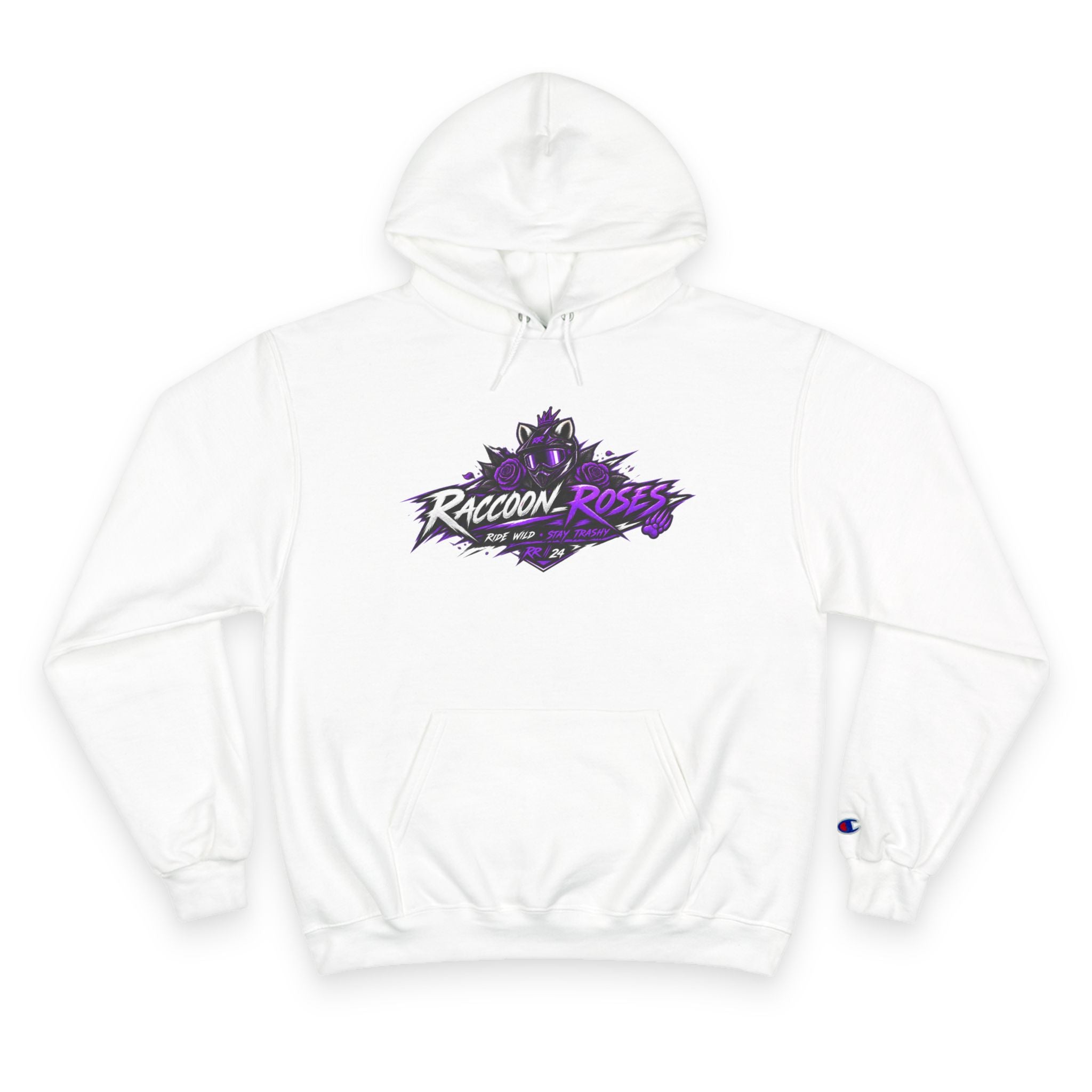 Raccoon Roses Hoodie — Bold Purple Graphic Streetwear Champion Hoodie