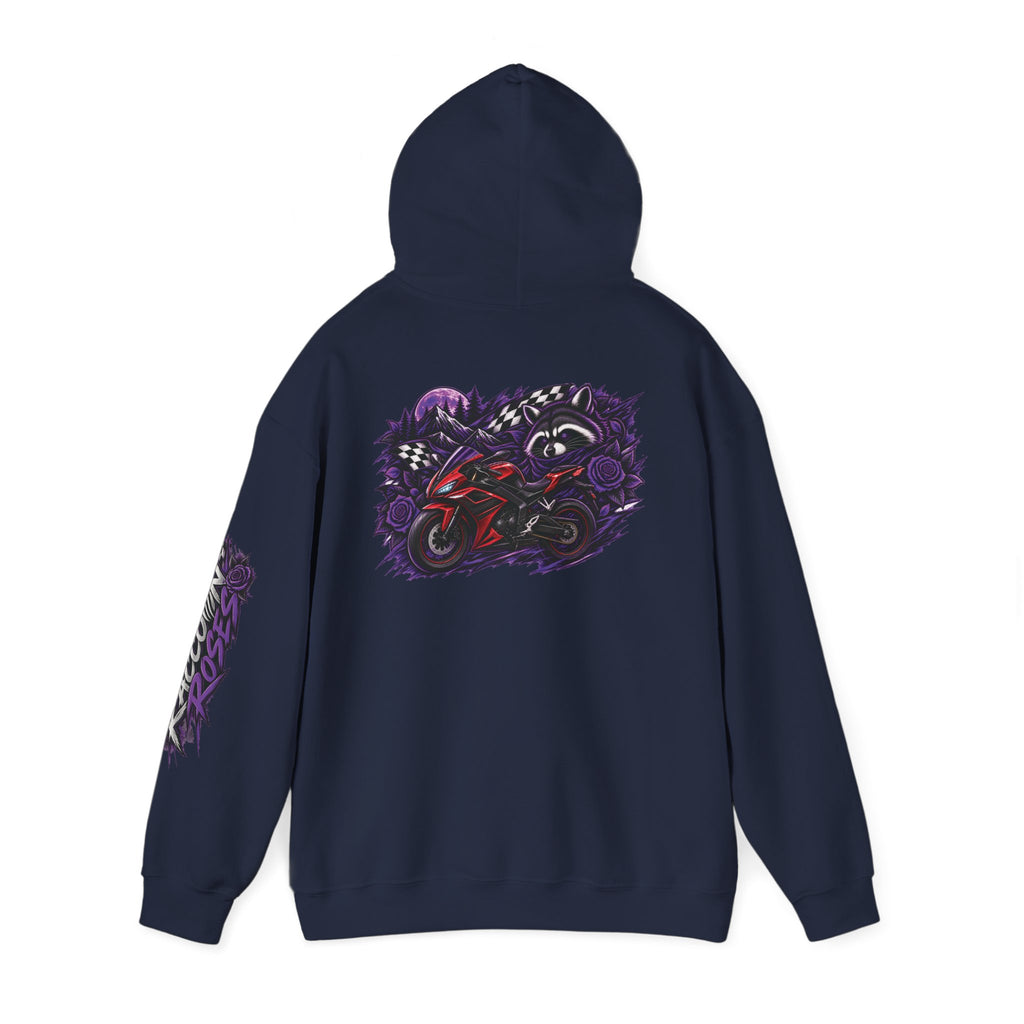 Raccoon Roadsters Motorcycle Graphic Hoodie — Retro Purple Rider Sweatshirt