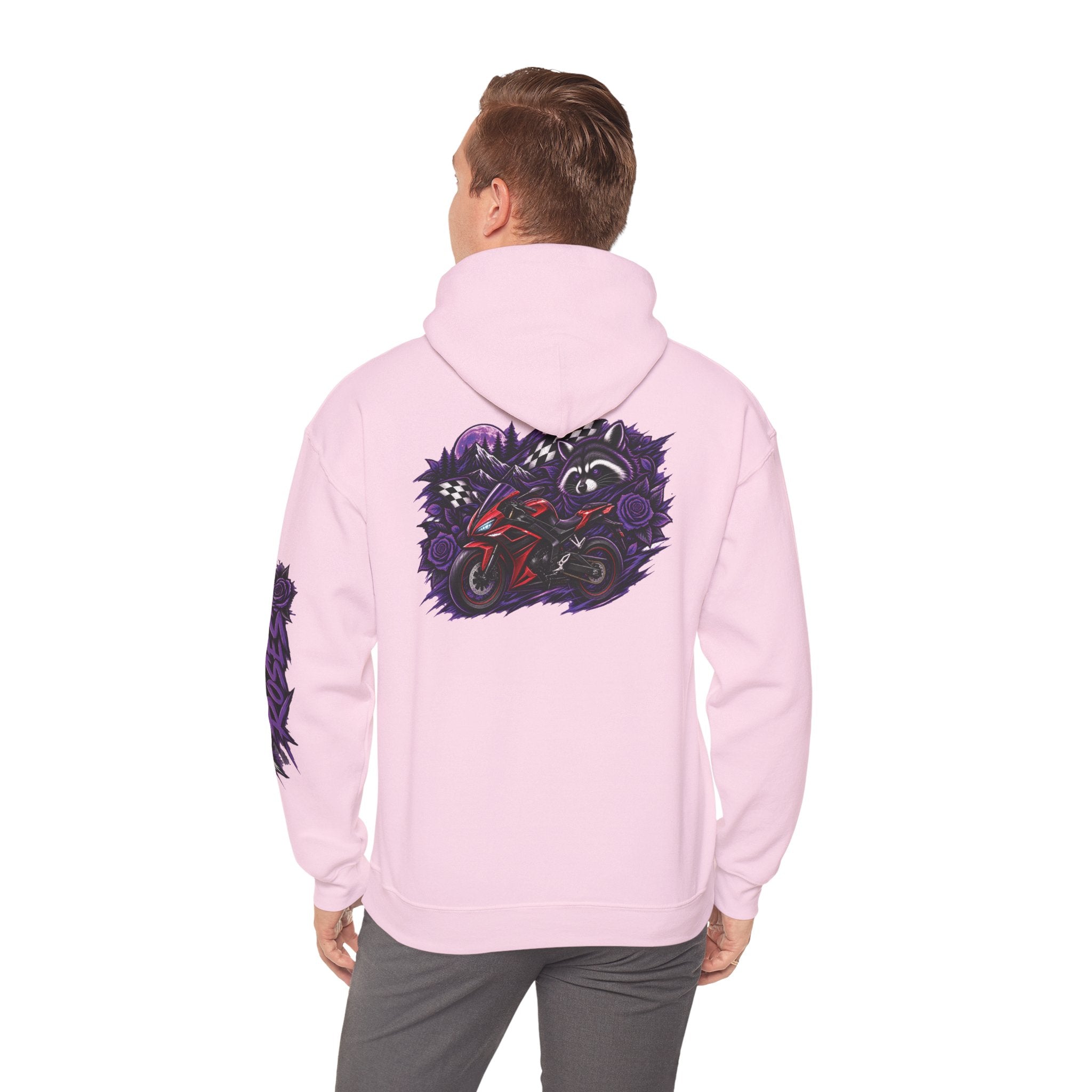 Raccoon Roadsters Motorcycle Graphic Hoodie — Retro Purple Rider Sweatshirt