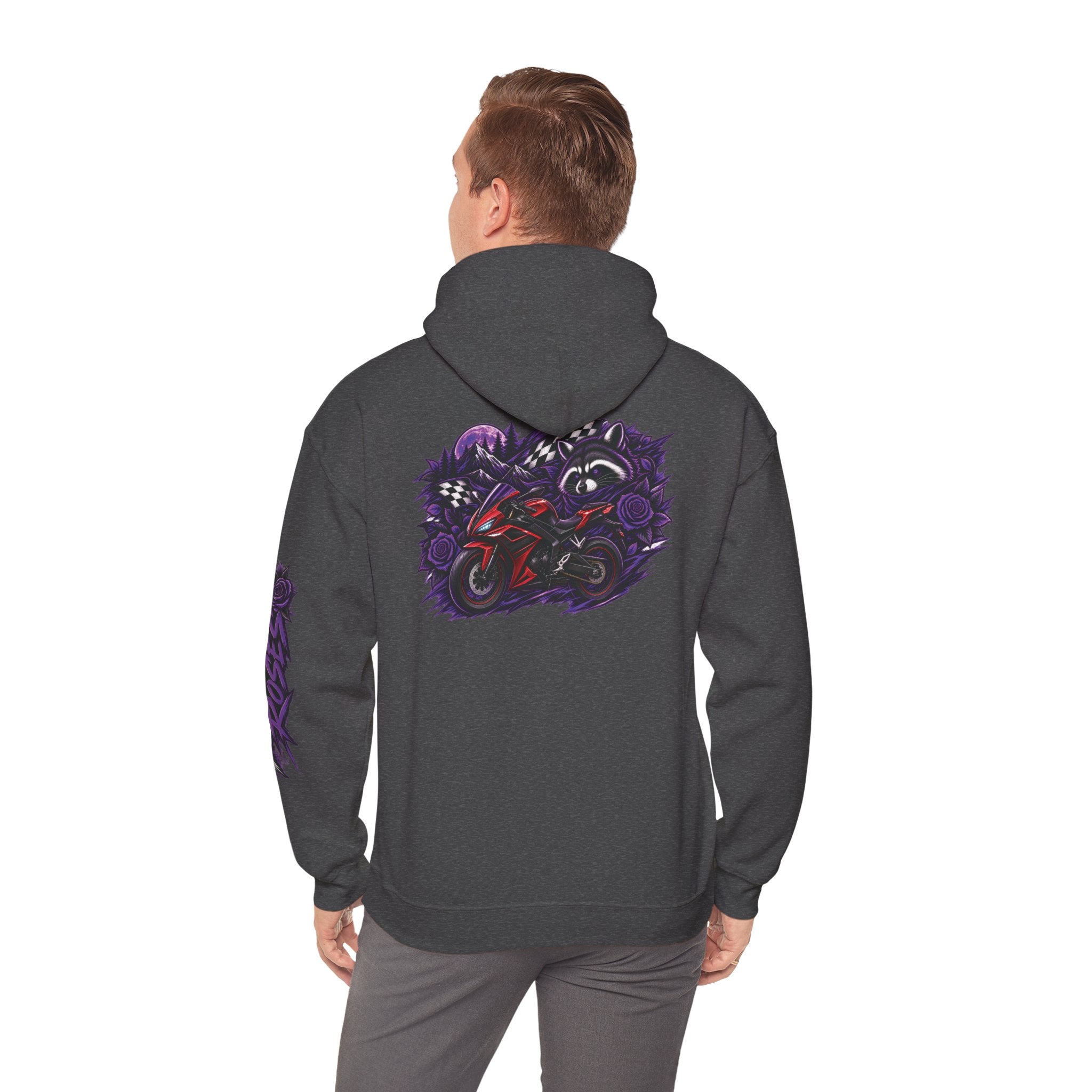 Raccoon Roadsters Motorcycle Graphic Hoodie — Retro Purple Rider Sweatshirt