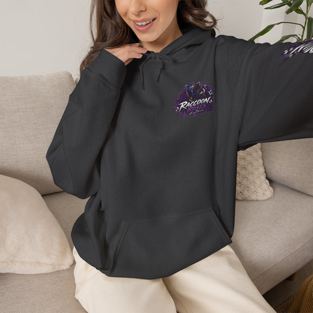 Raccoon Roadsters Motorcycle Graphic Hoodie — Retro Purple Rider Sweatshirt
