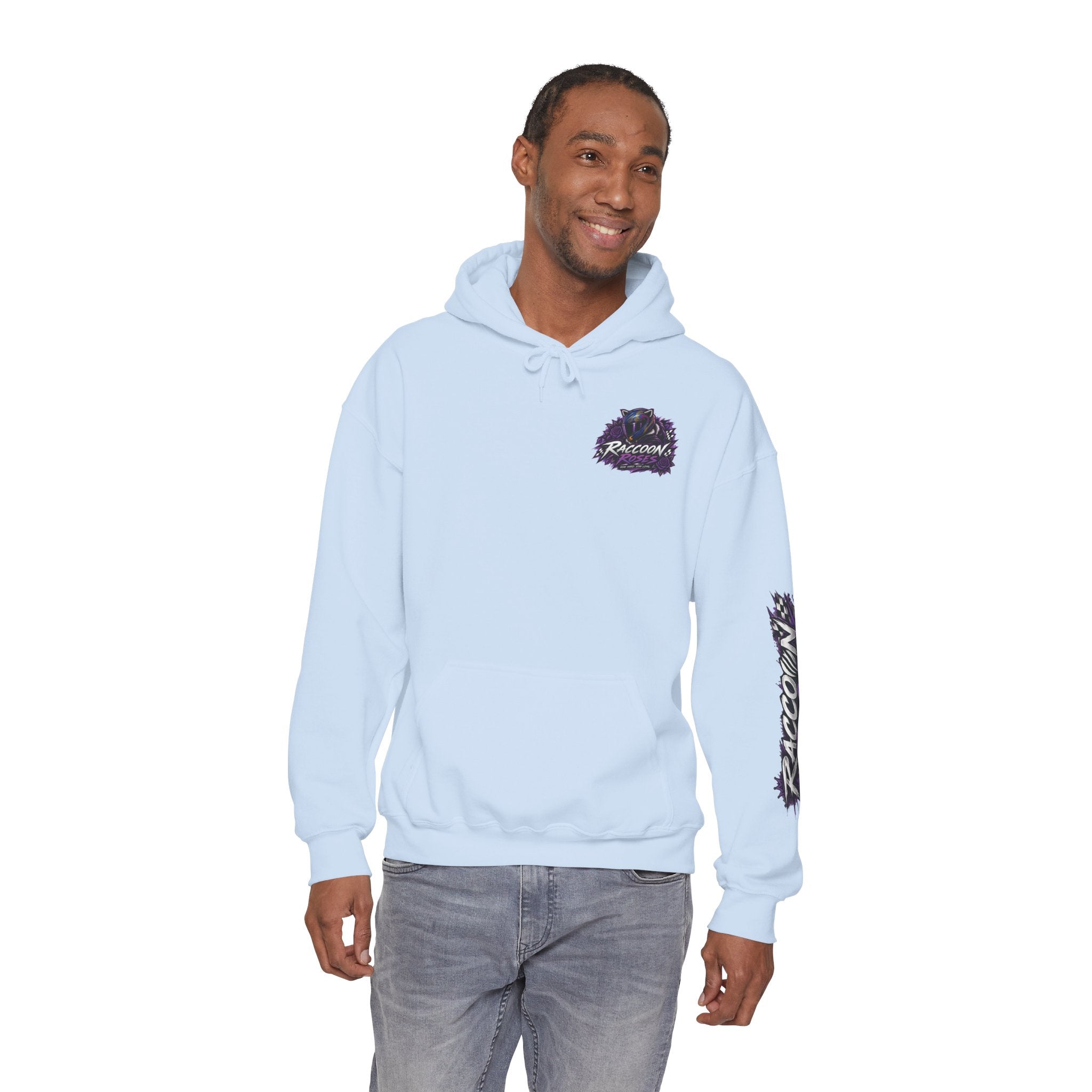 Raccoon Roadsters Motorcycle Graphic Hoodie — Retro Purple Rider Sweatshirt