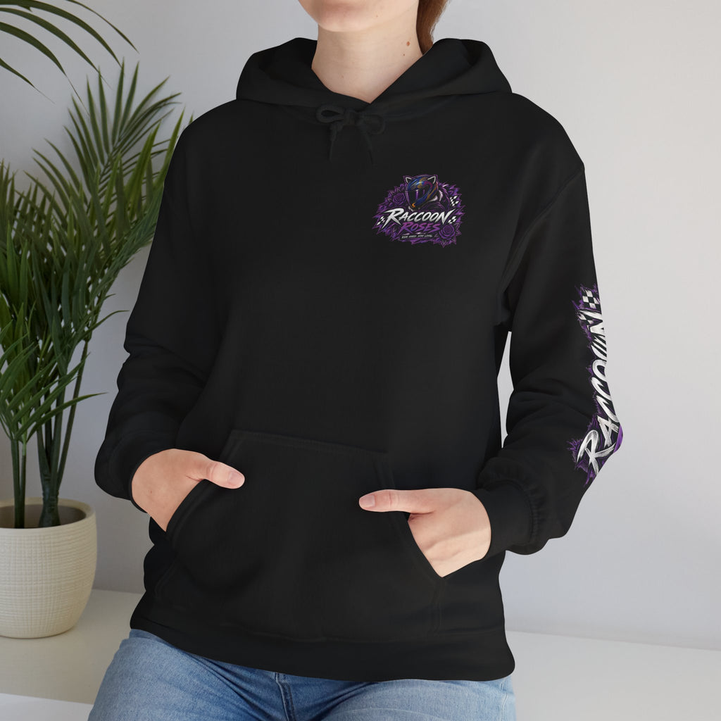 Raccoon Roadsters Motorcycle Graphic Hoodie — Retro Purple Rider Sweatshirt