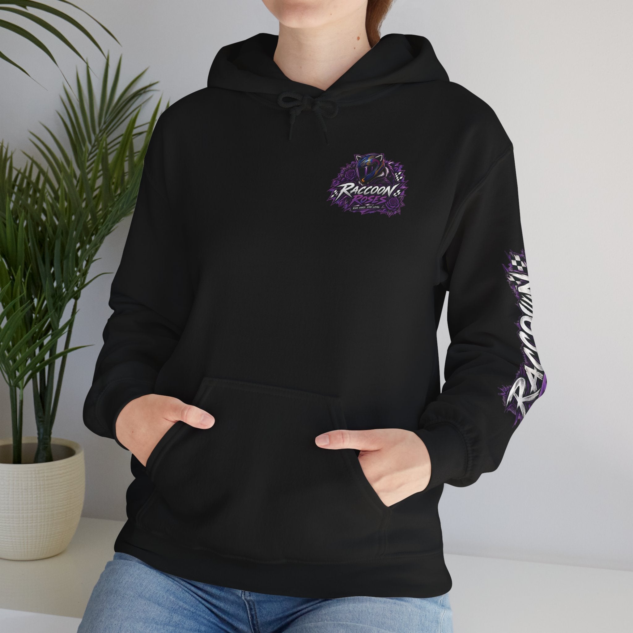 Raccoon Roadsters Motorcycle Graphic Hoodie — Retro Purple Rider Sweatshirt