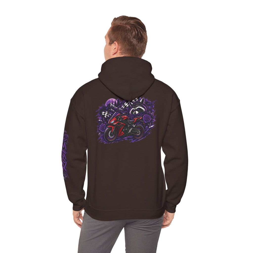 Raccoon Roadsters Motorcycle Graphic Hoodie — Retro Purple Rider Sweatshirt
