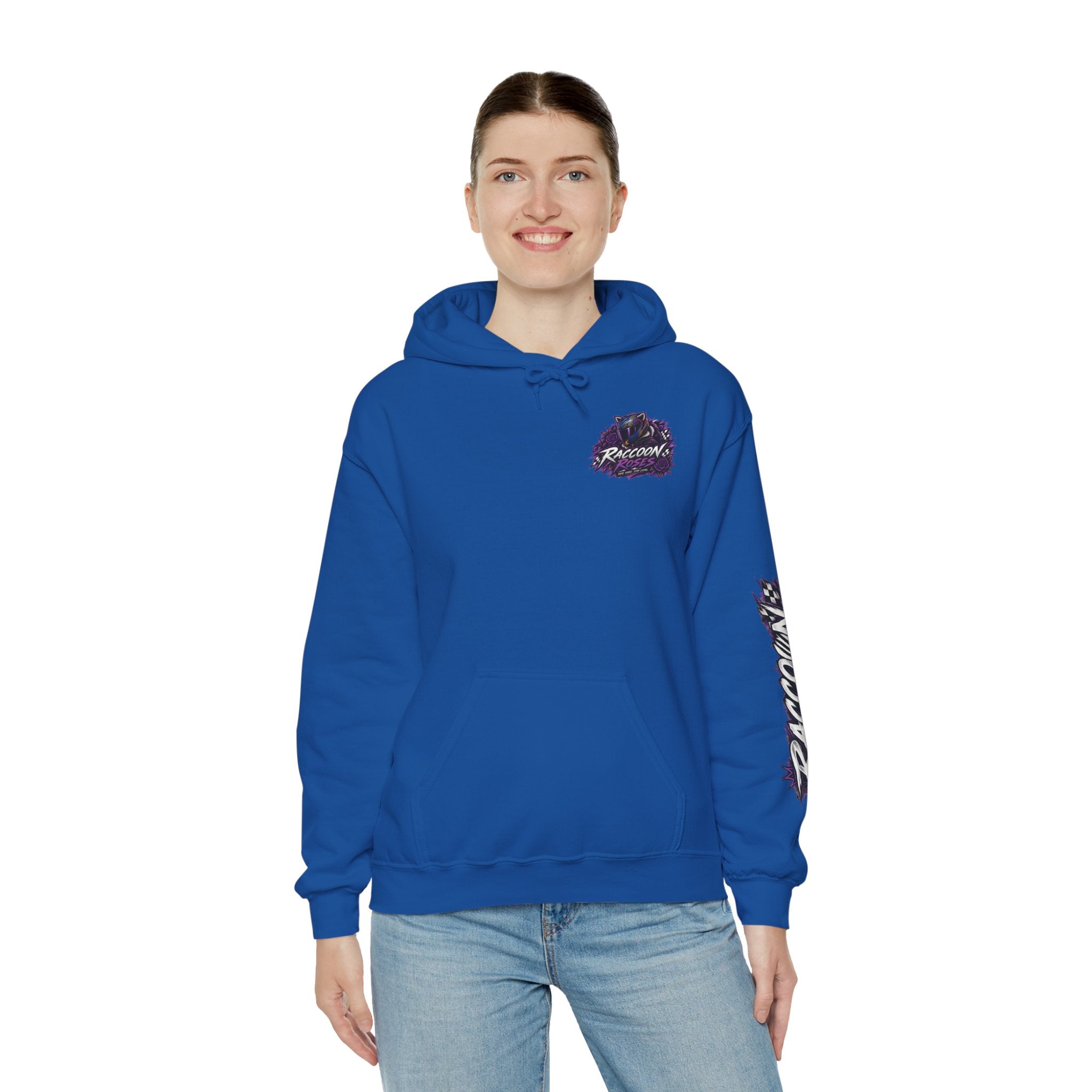 Raccoon Roadsters Motorcycle Graphic Hoodie — Retro Purple Rider Sweatshirt