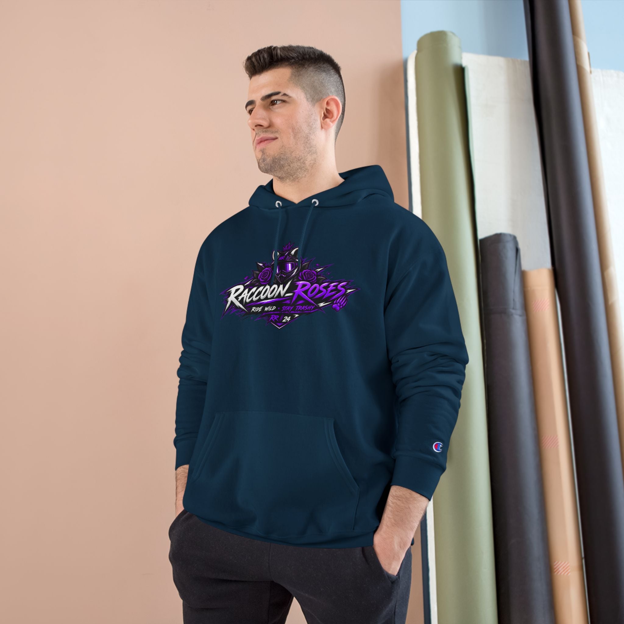 Raccoon Roses Hoodie — Bold Purple Graphic Streetwear Champion Hoodie