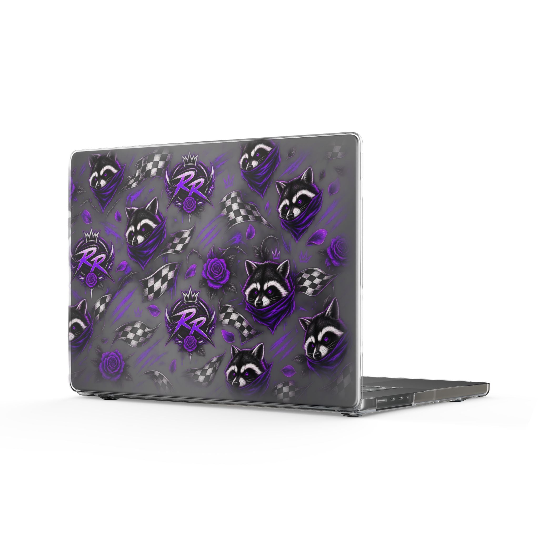 Purple Raccoon Pattern Clear MacBook Case – Floral, Checkerboard & Gothic Vibe