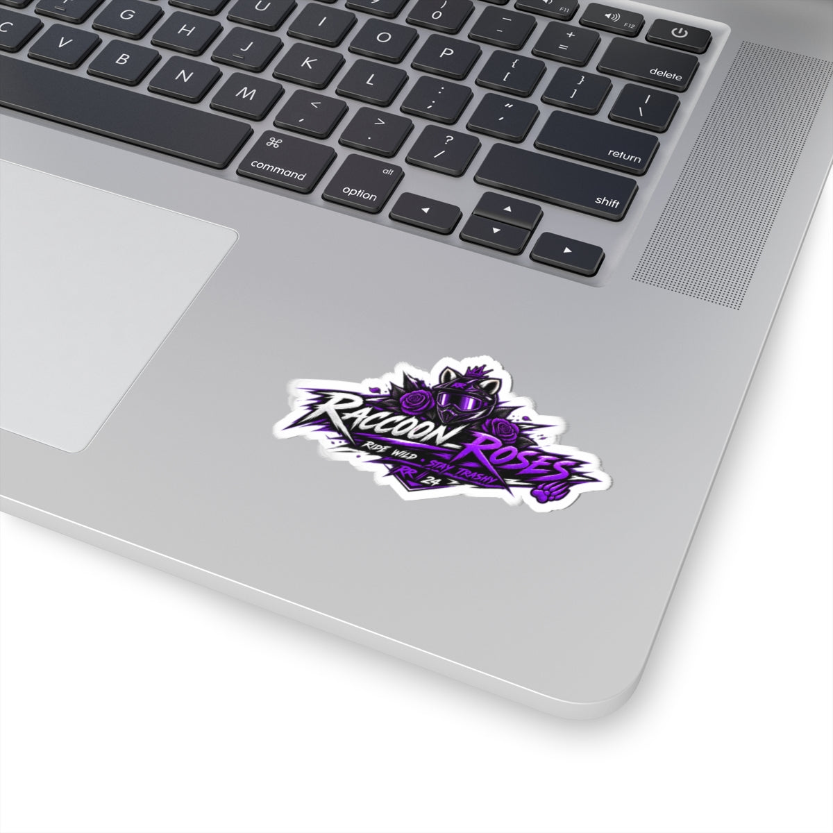 Raccoon Roses Kiss-Cut Sticker — Purple Racer Logo Sticker for Laptops, Skateboards & Helmets