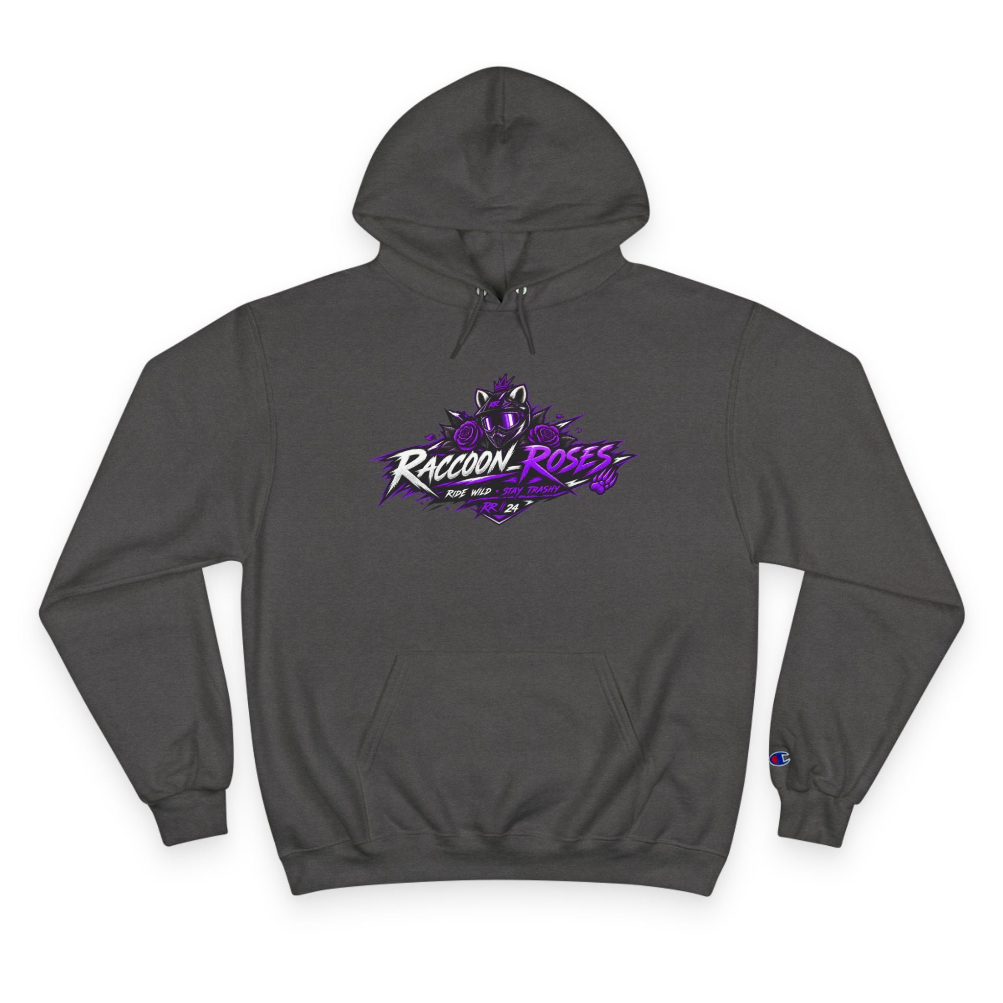 Raccoon Roses Hoodie — Bold Purple Graphic Streetwear Champion Hoodie