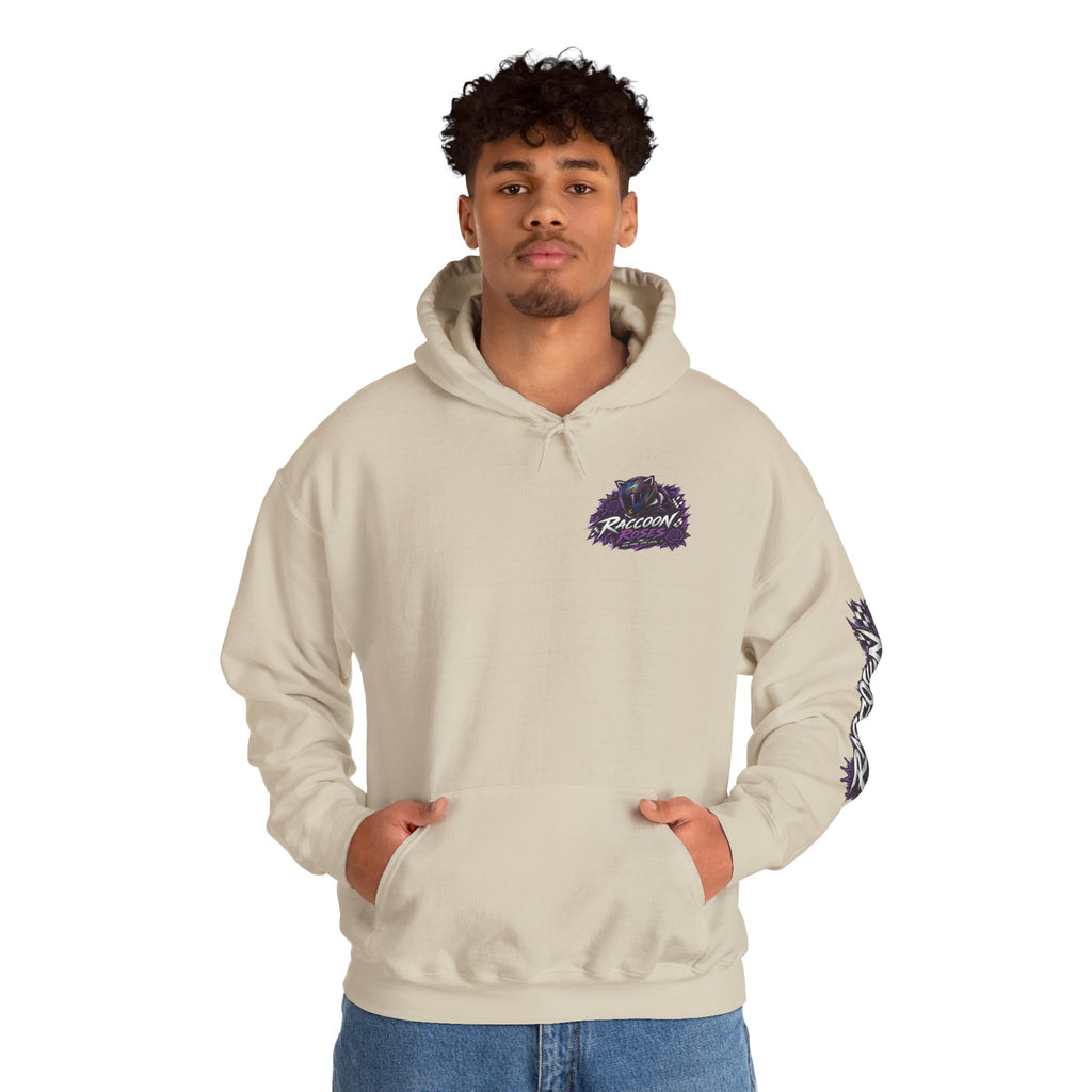 Raccoon Roadsters Motorcycle Graphic Hoodie — Retro Purple Rider Sweatshirt