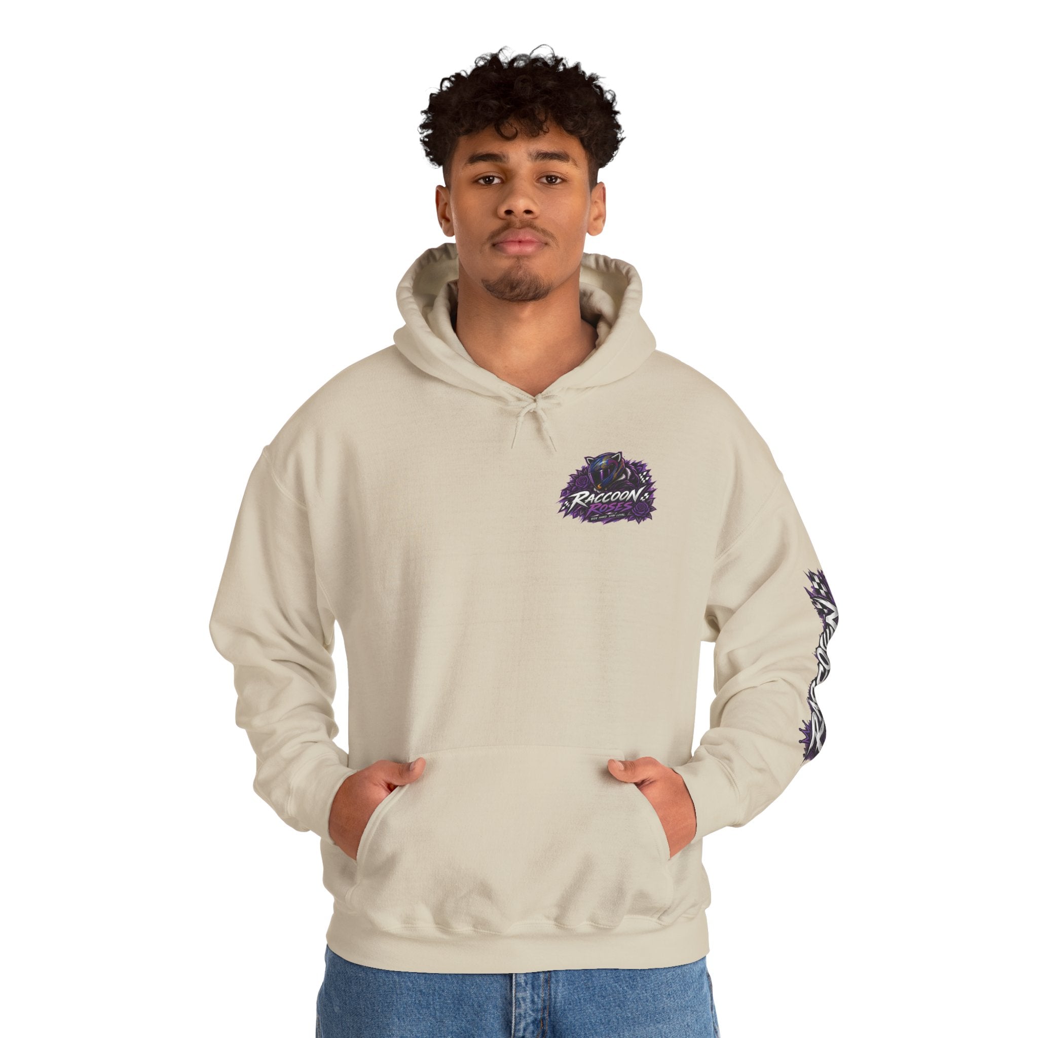 Raccoon Roadsters Motorcycle Graphic Hoodie — Retro Purple Rider Sweatshirt