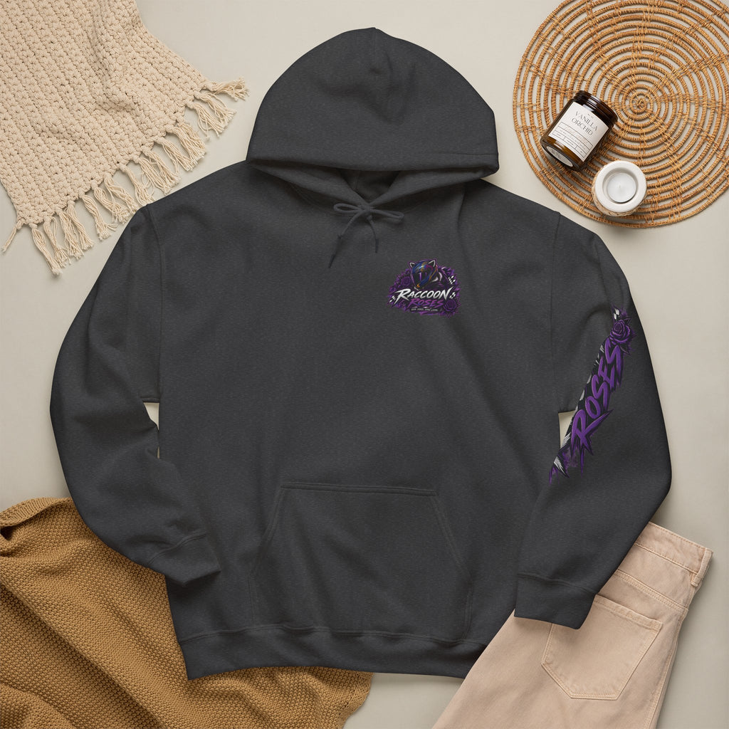 Raccoon Roadsters Motorcycle Graphic Hoodie — Retro Purple Rider Sweatshirt