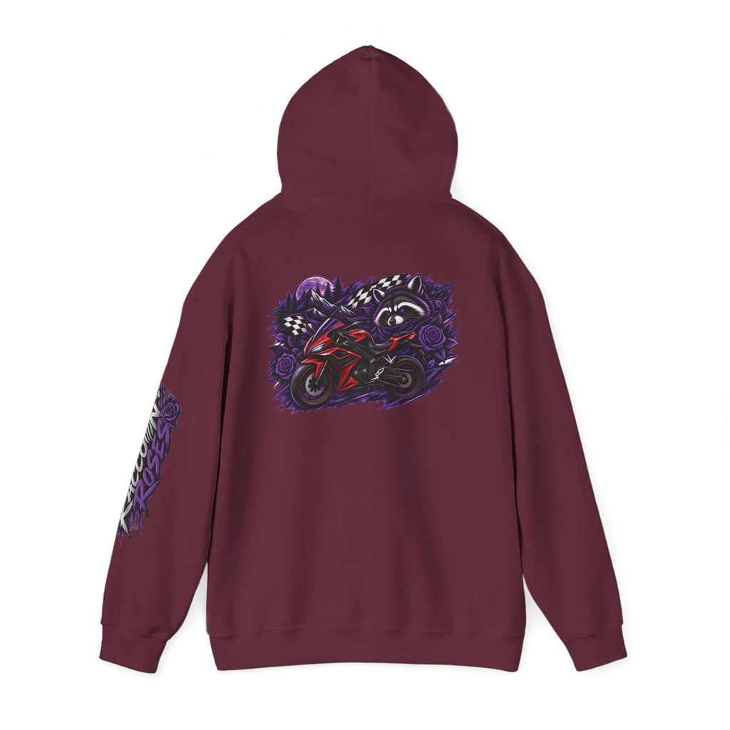 Raccoon Roadsters Motorcycle Graphic Hoodie — Retro Purple Rider Sweatshirt