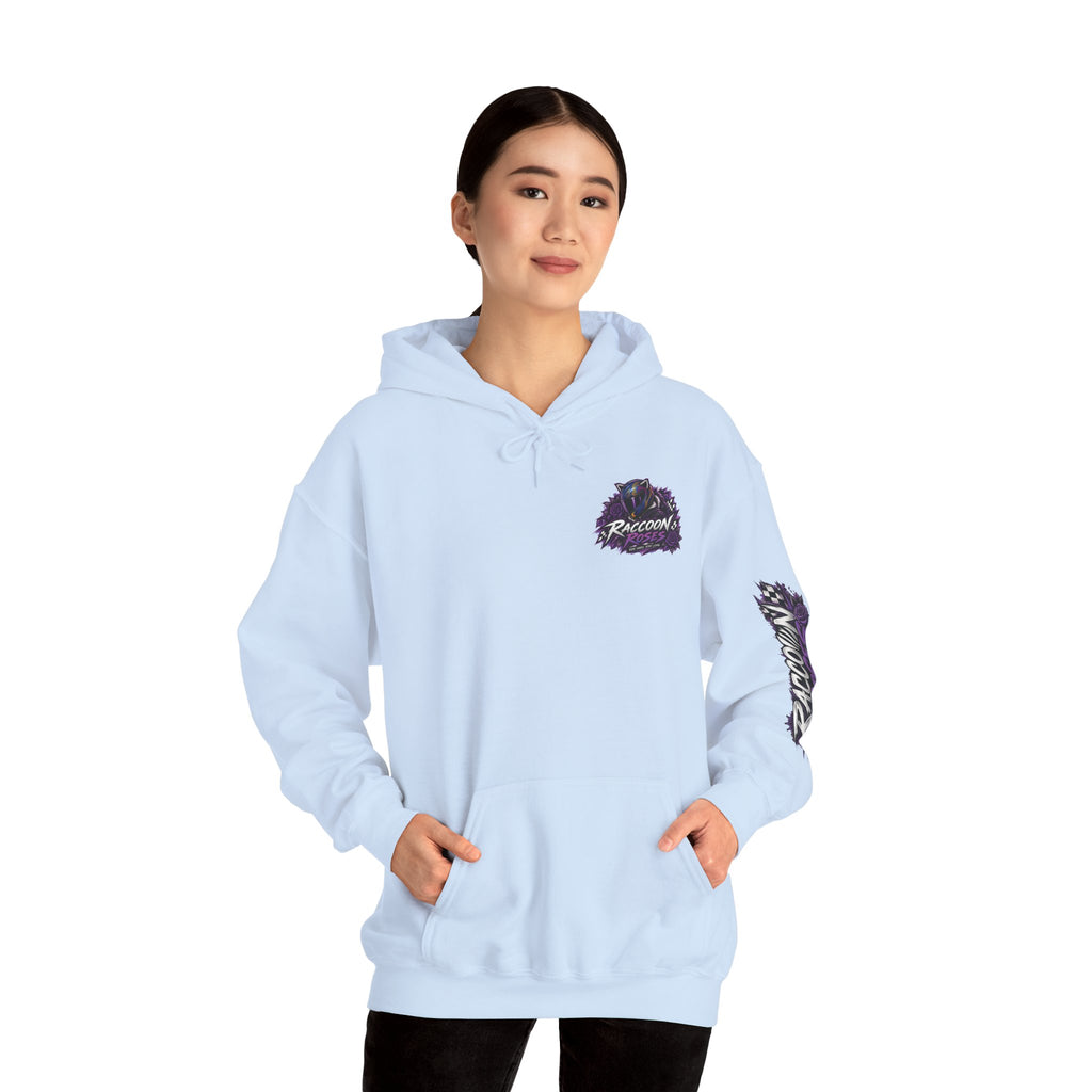 Raccoon Roadsters Motorcycle Graphic Hoodie — Retro Purple Rider Sweatshirt