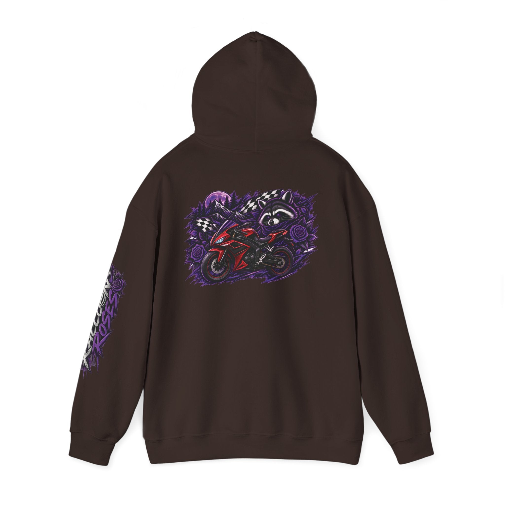 Raccoon Roadsters Motorcycle Graphic Hoodie — Retro Purple Rider Sweatshirt