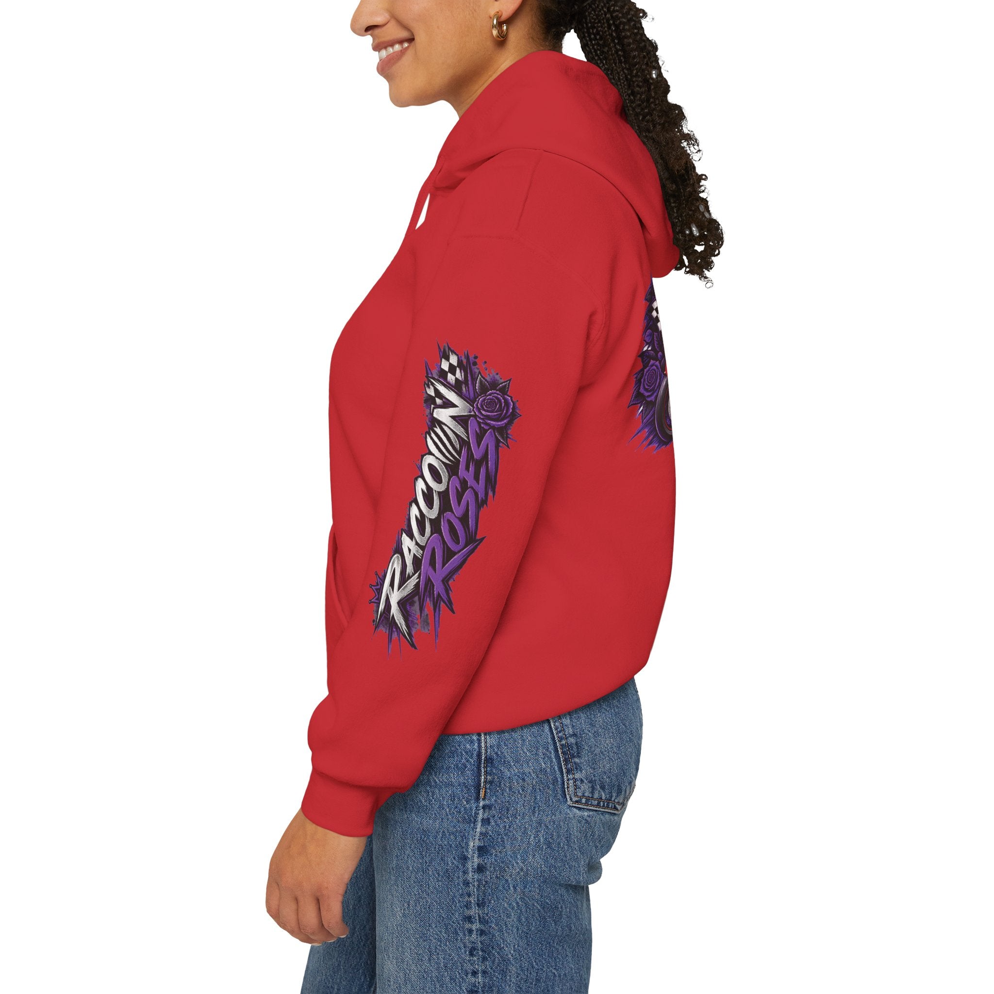 Raccoon Roadsters Motorcycle Graphic Hoodie — Retro Purple Rider Sweatshirt