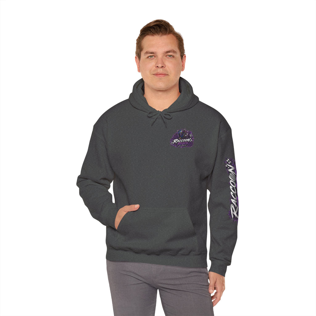 Raccoon Roadsters Motorcycle Graphic Hoodie — Retro Purple Rider Sweatshirt