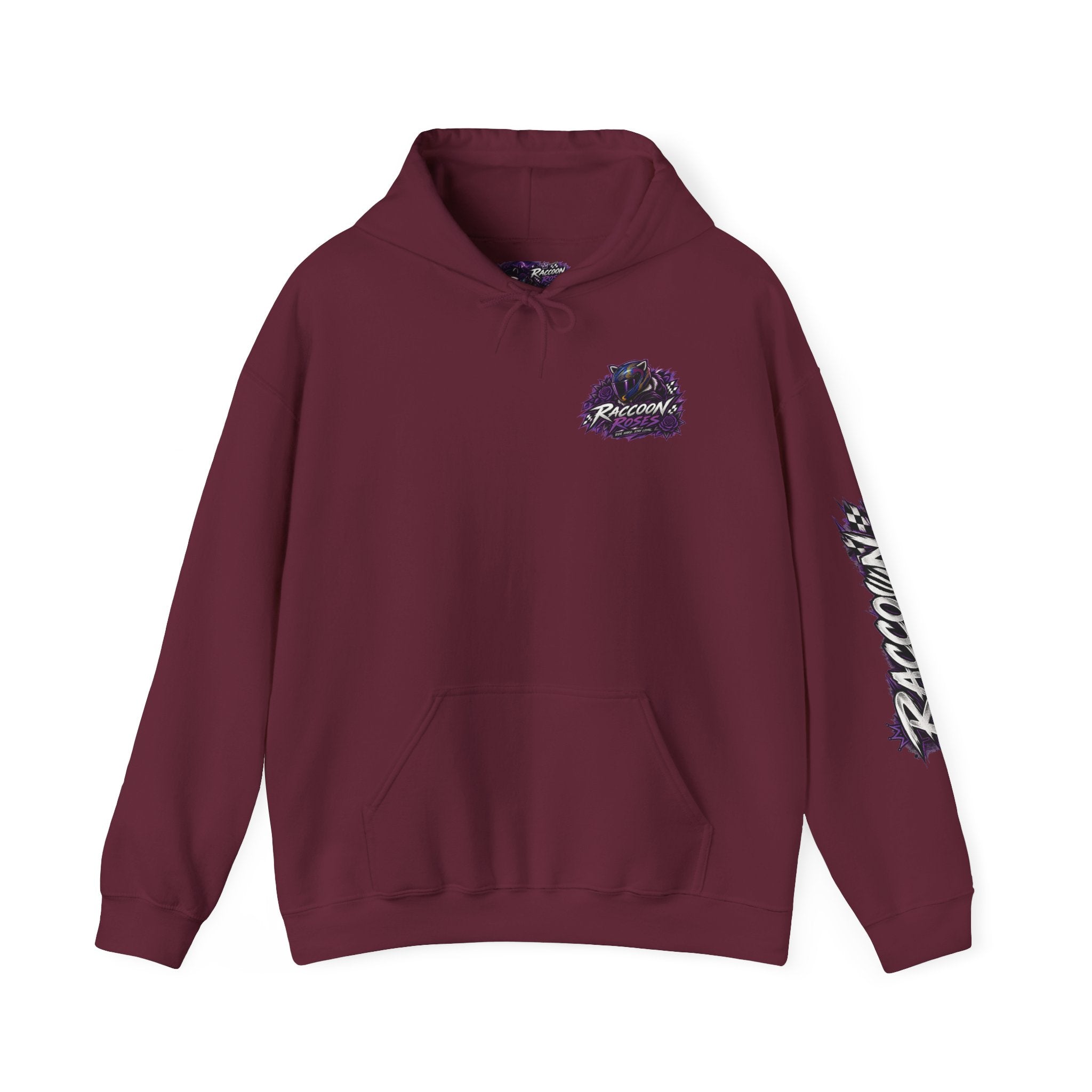 Raccoon Roadsters Motorcycle Graphic Hoodie — Retro Purple Rider Sweatshirt