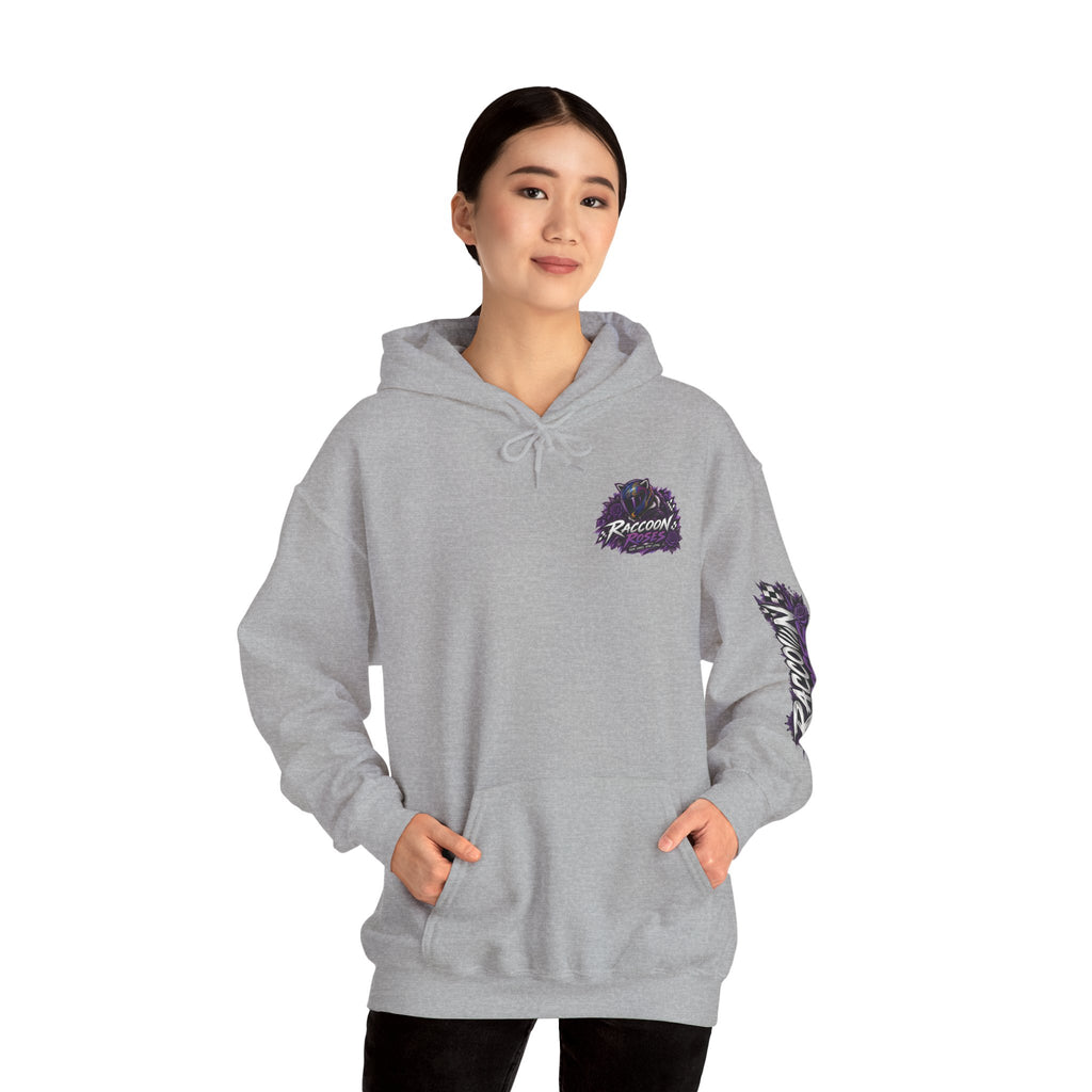 Raccoon Roadsters Motorcycle Graphic Hoodie — Retro Purple Rider Sweatshirt