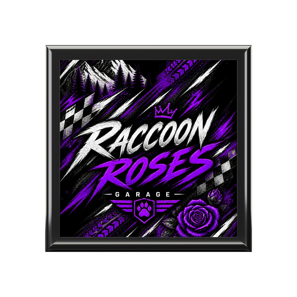 Raccoon Roses Garage Jewelry Box — Purple Graphic Keepsake Box
