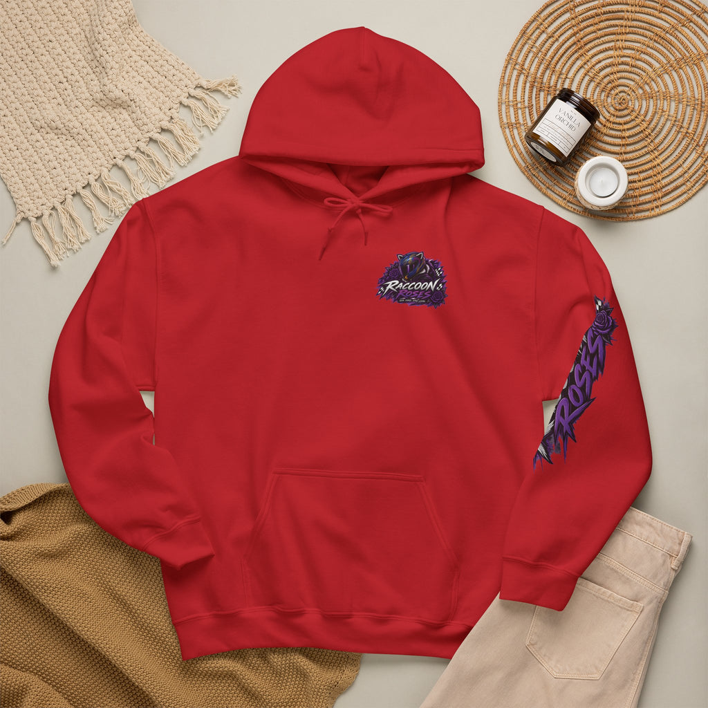 Raccoon Roadsters Motorcycle Graphic Hoodie — Retro Purple Rider Sweatshirt