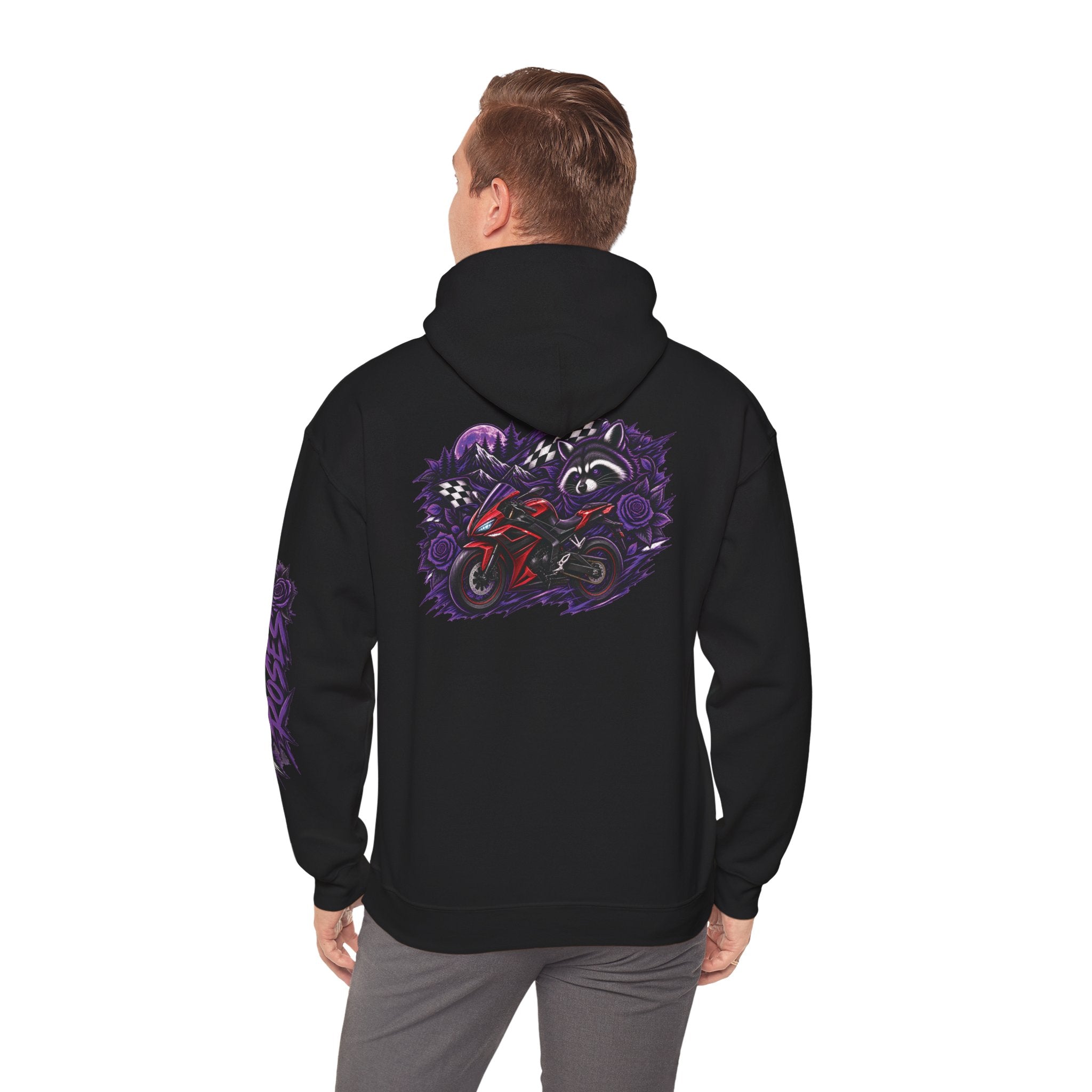 Raccoon Roadsters Motorcycle Graphic Hoodie — Retro Purple Rider Sweatshirt