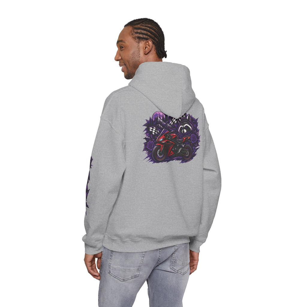 Raccoon Roadsters Motorcycle Graphic Hoodie — Retro Purple Rider Sweatshirt