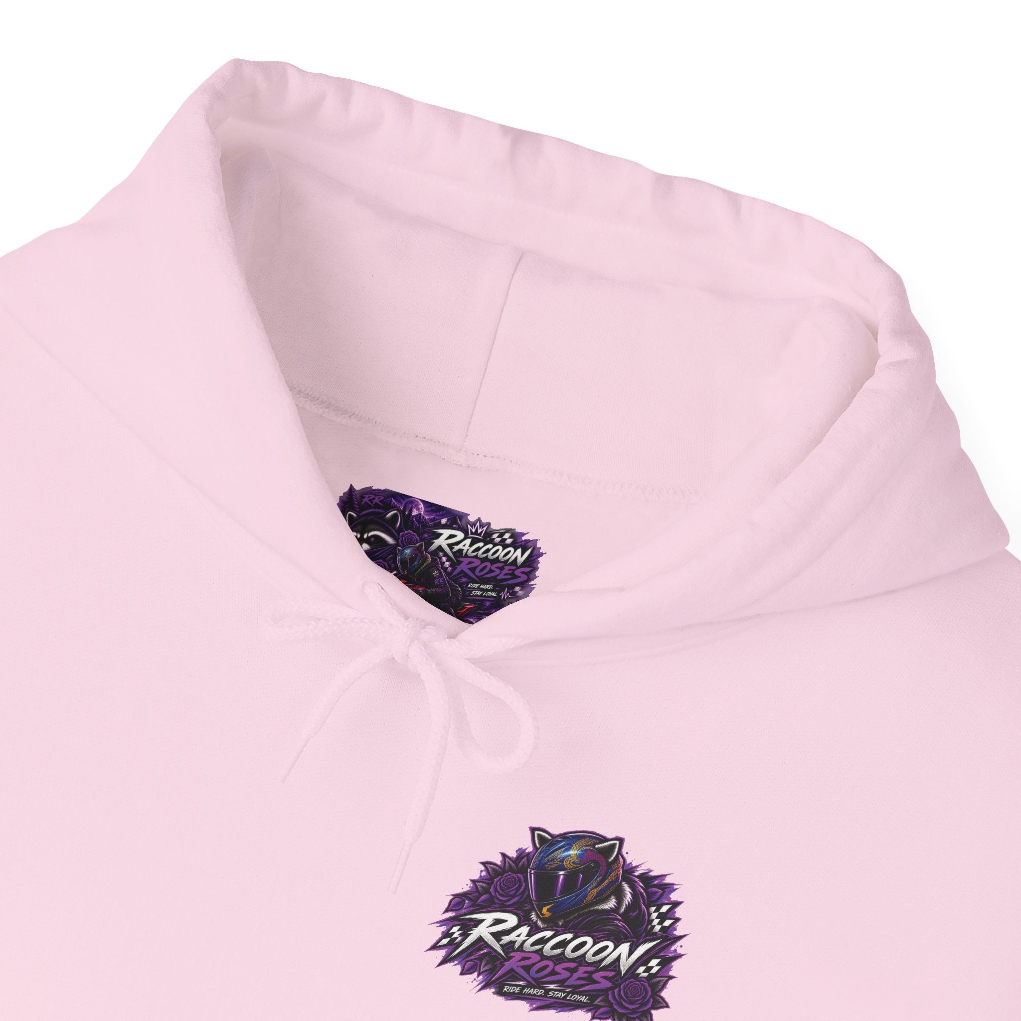 Raccoon Roadsters Motorcycle Graphic Hoodie — Retro Purple Rider Sweatshirt