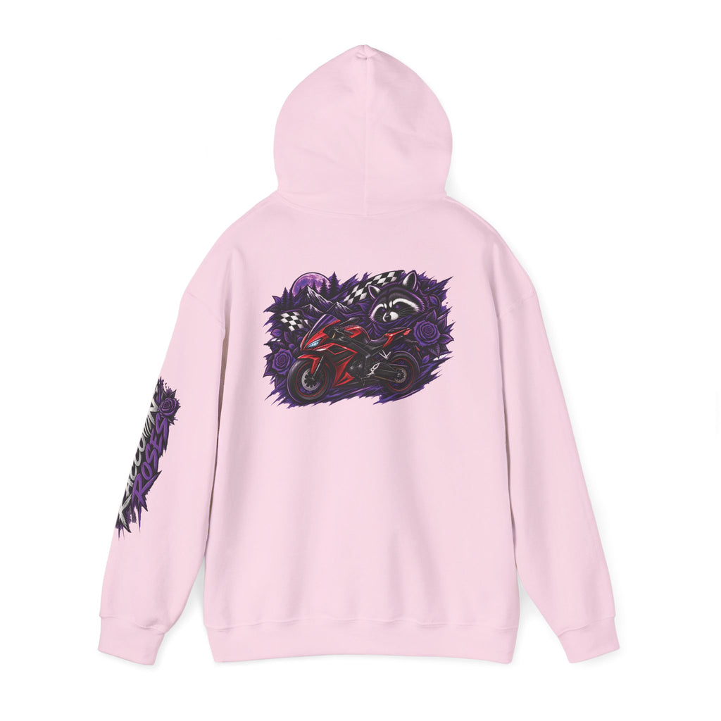 Raccoon Roadsters Motorcycle Graphic Hoodie — Retro Purple Rider Sweatshirt
