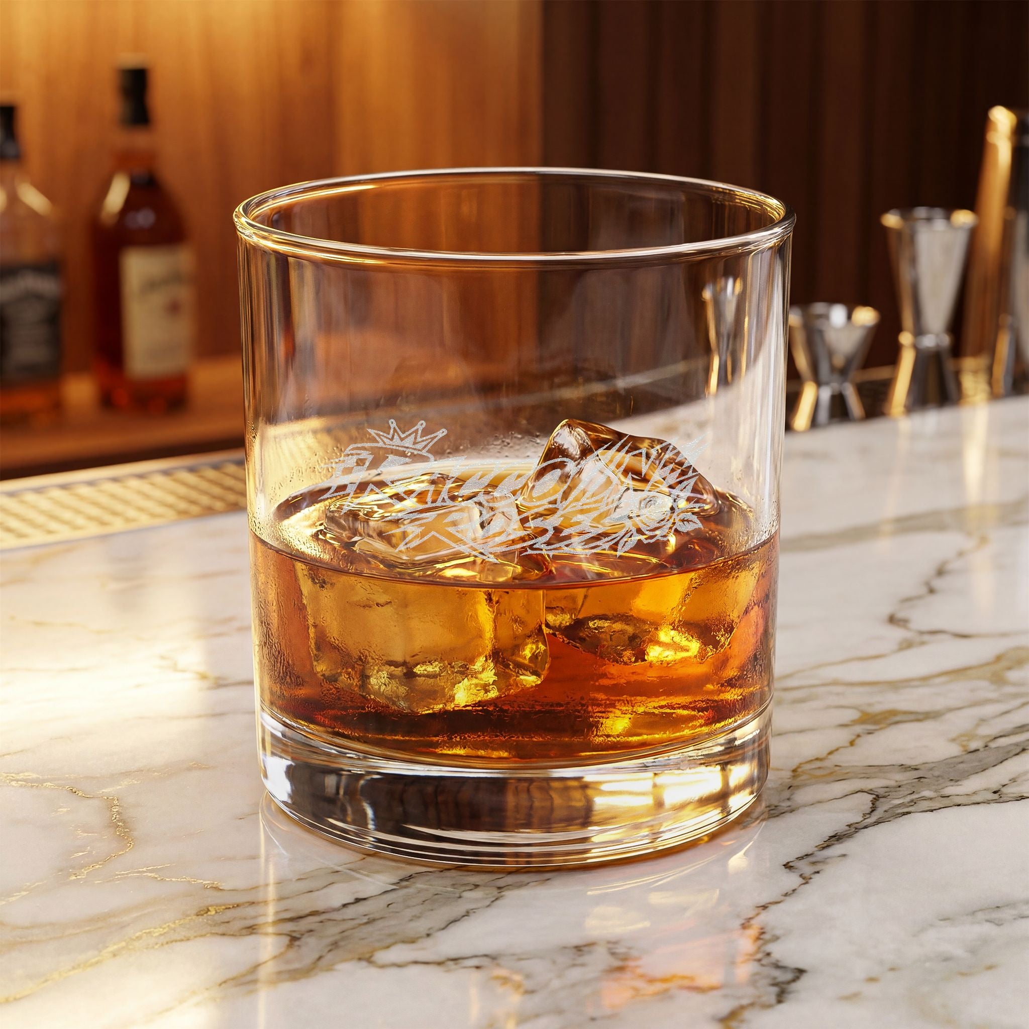 Engraved Whiskey Glass 10.5oz — 'Raccooning Roses' Distressed Logo Rocks Glass