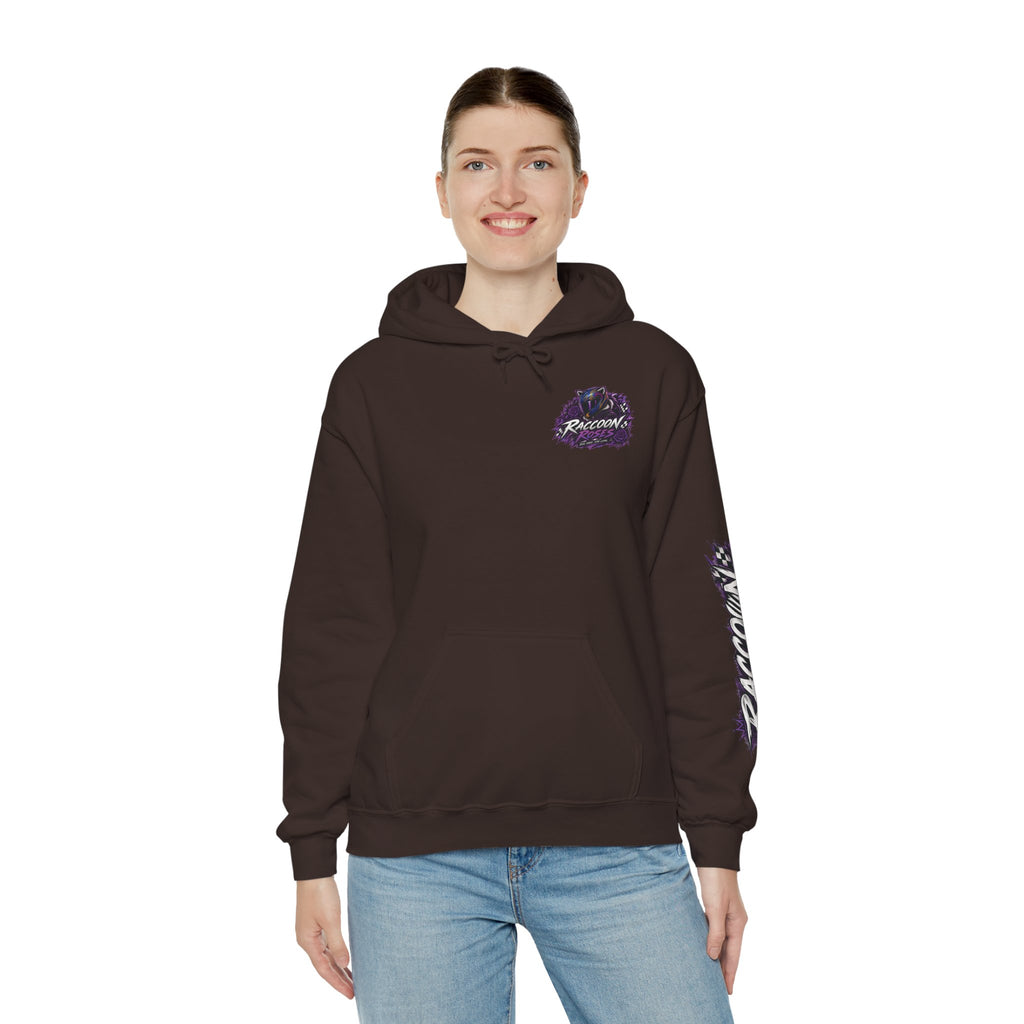 Raccoon Roadsters Motorcycle Graphic Hoodie — Retro Purple Rider Sweatshirt