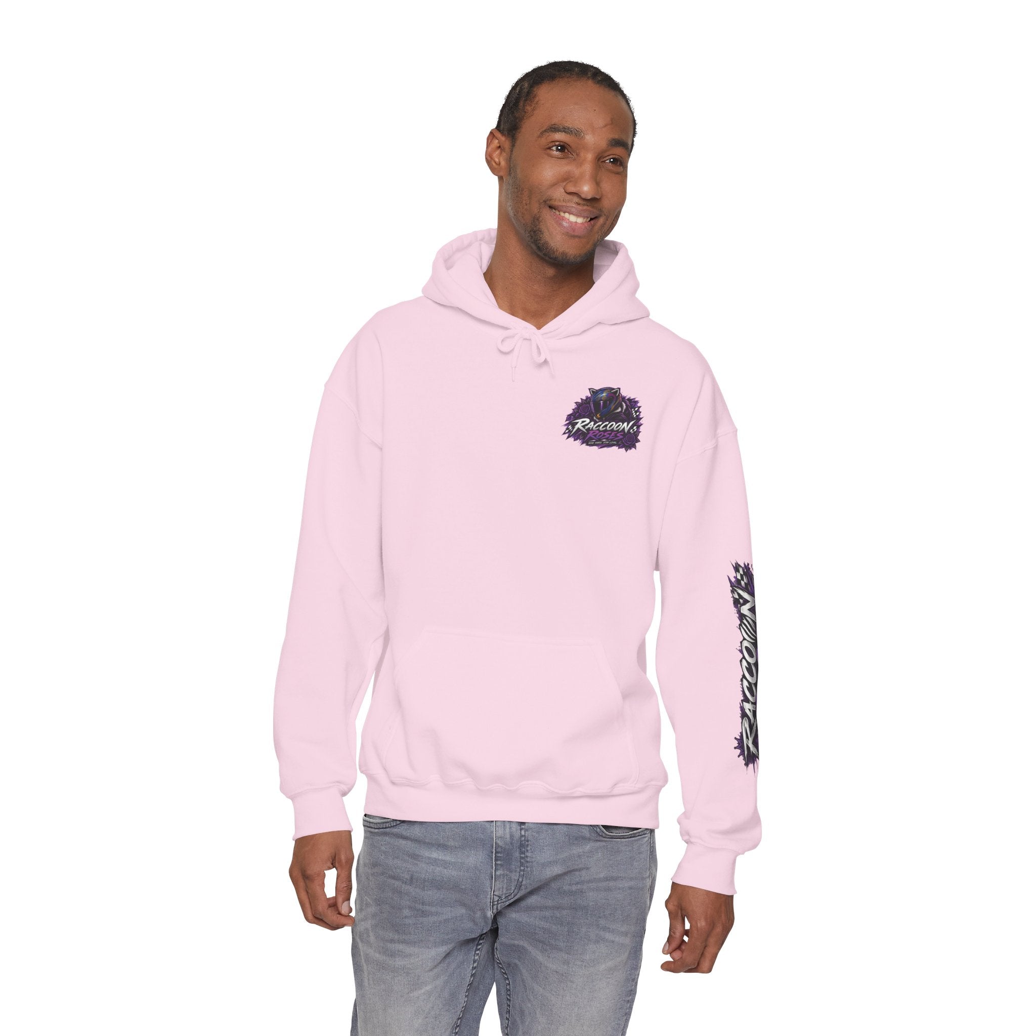Raccoon Roadsters Motorcycle Graphic Hoodie — Retro Purple Rider Sweatshirt