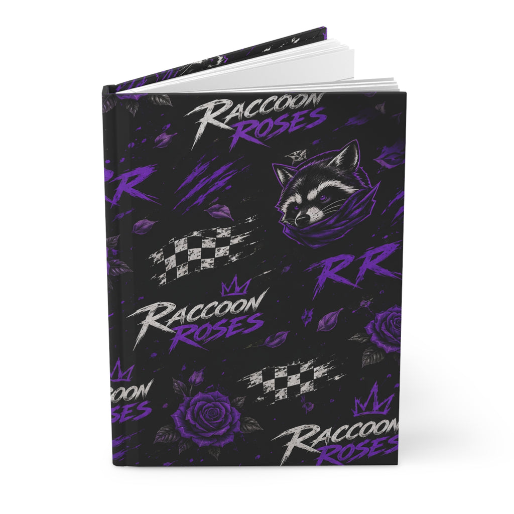 Raccoon Roses Hardcover Journal — Purple Floral Racer Notebook