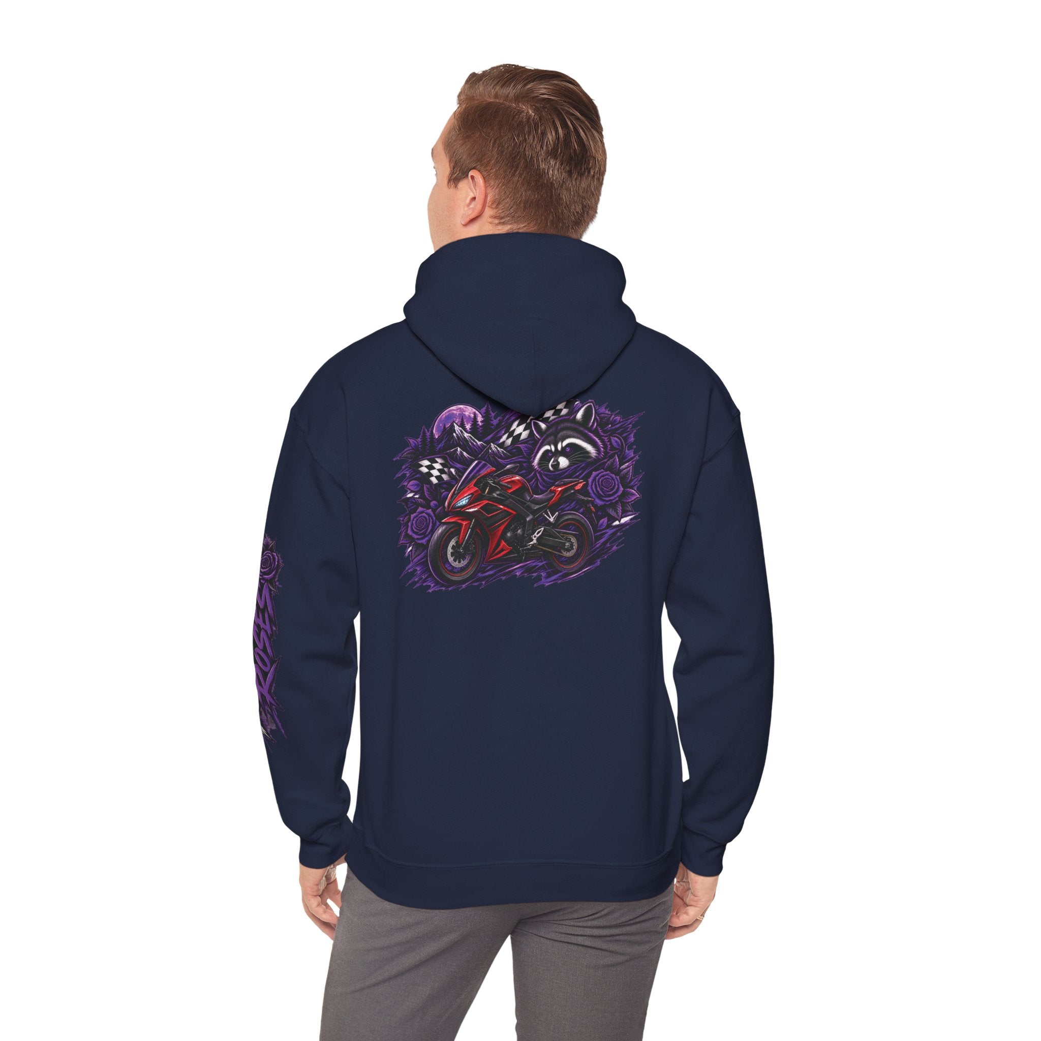 Raccoon Roadsters Motorcycle Graphic Hoodie — Retro Purple Rider Sweatshirt