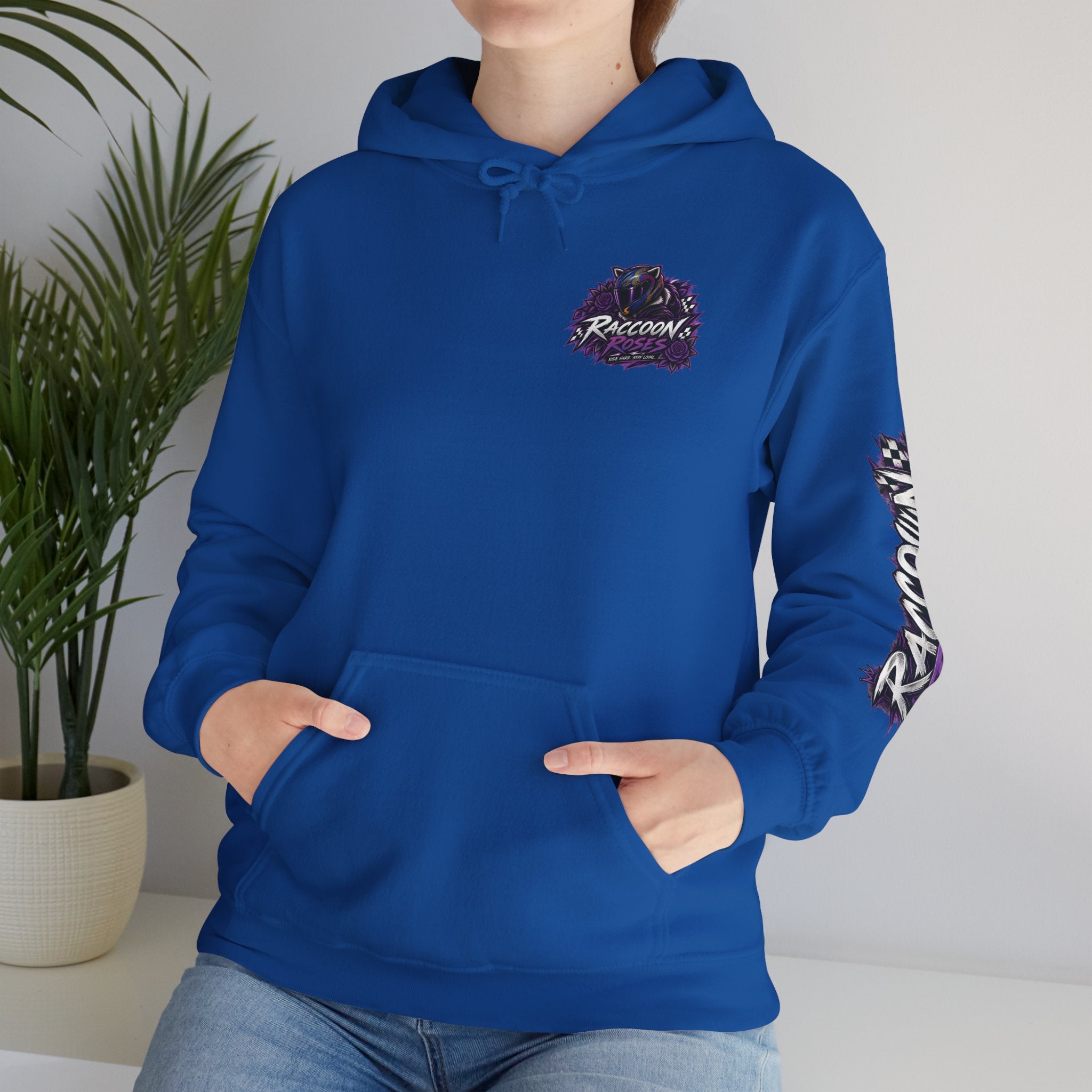 Raccoon Roadsters Motorcycle Graphic Hoodie — Retro Purple Rider Sweatshirt