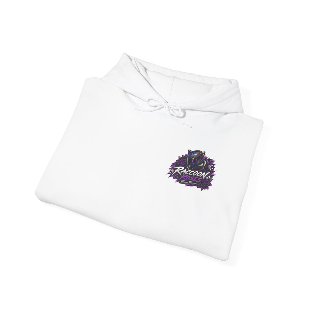 Raccoon Roadsters Motorcycle Graphic Hoodie — Retro Purple Rider Sweatshirt