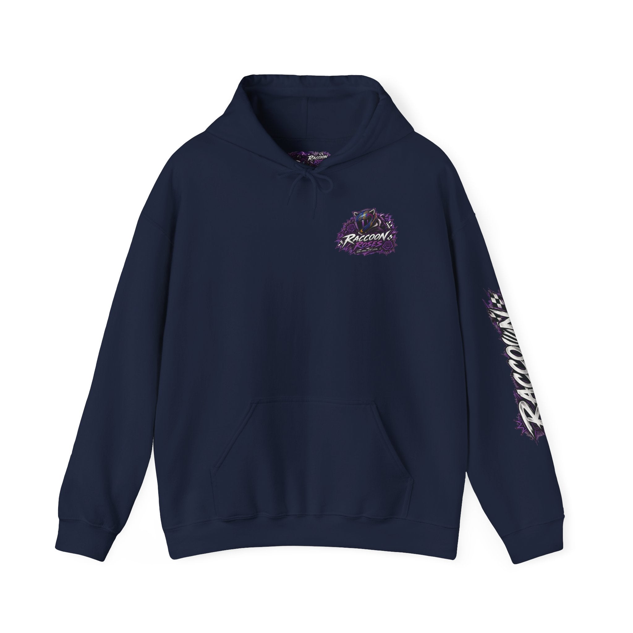 Raccoon Roadsters Motorcycle Graphic Hoodie — Retro Purple Rider Sweatshirt