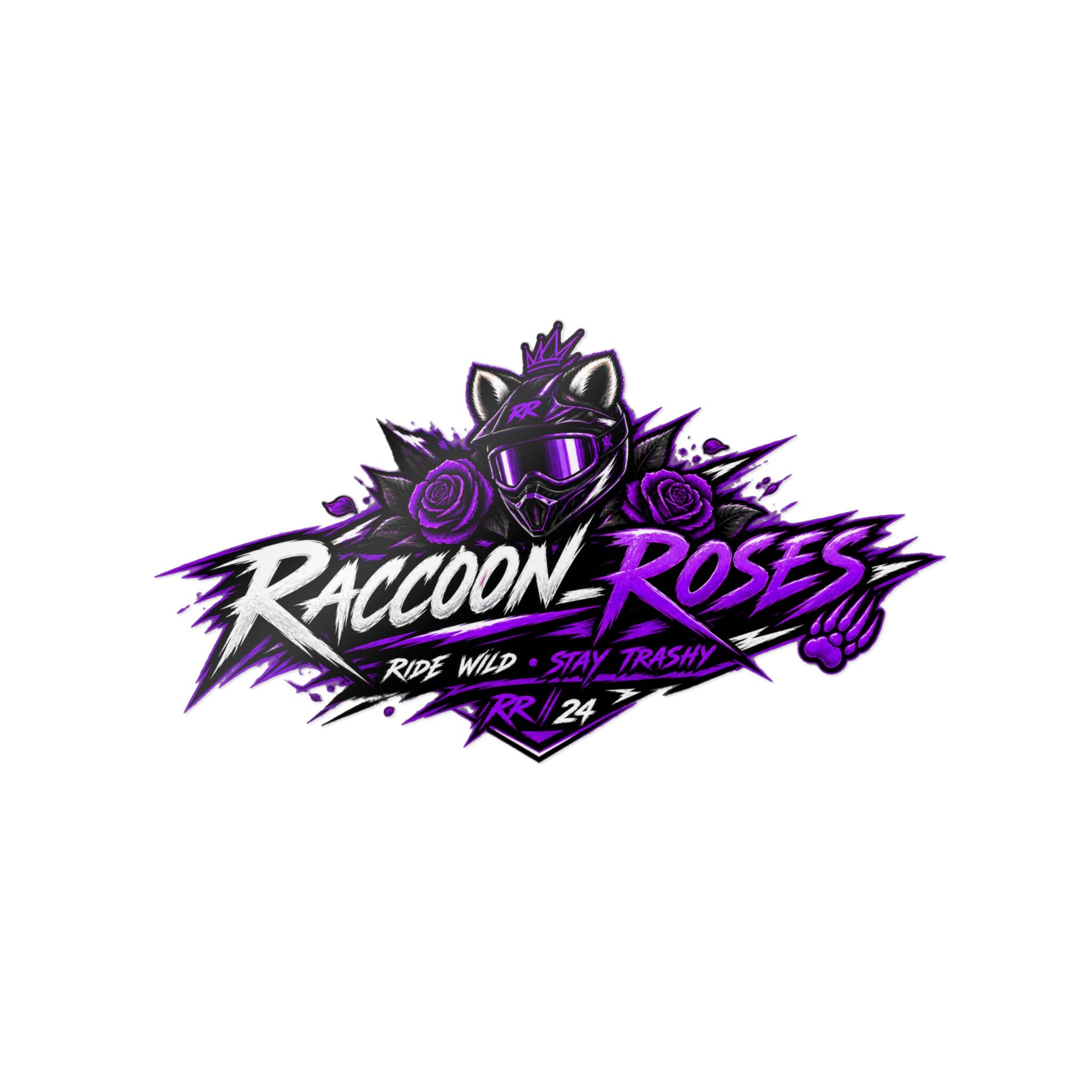 Raccoon Roses Die-Cut Sticker — 'Ride Wild, Stay Trashy' Purple Mascot Decal